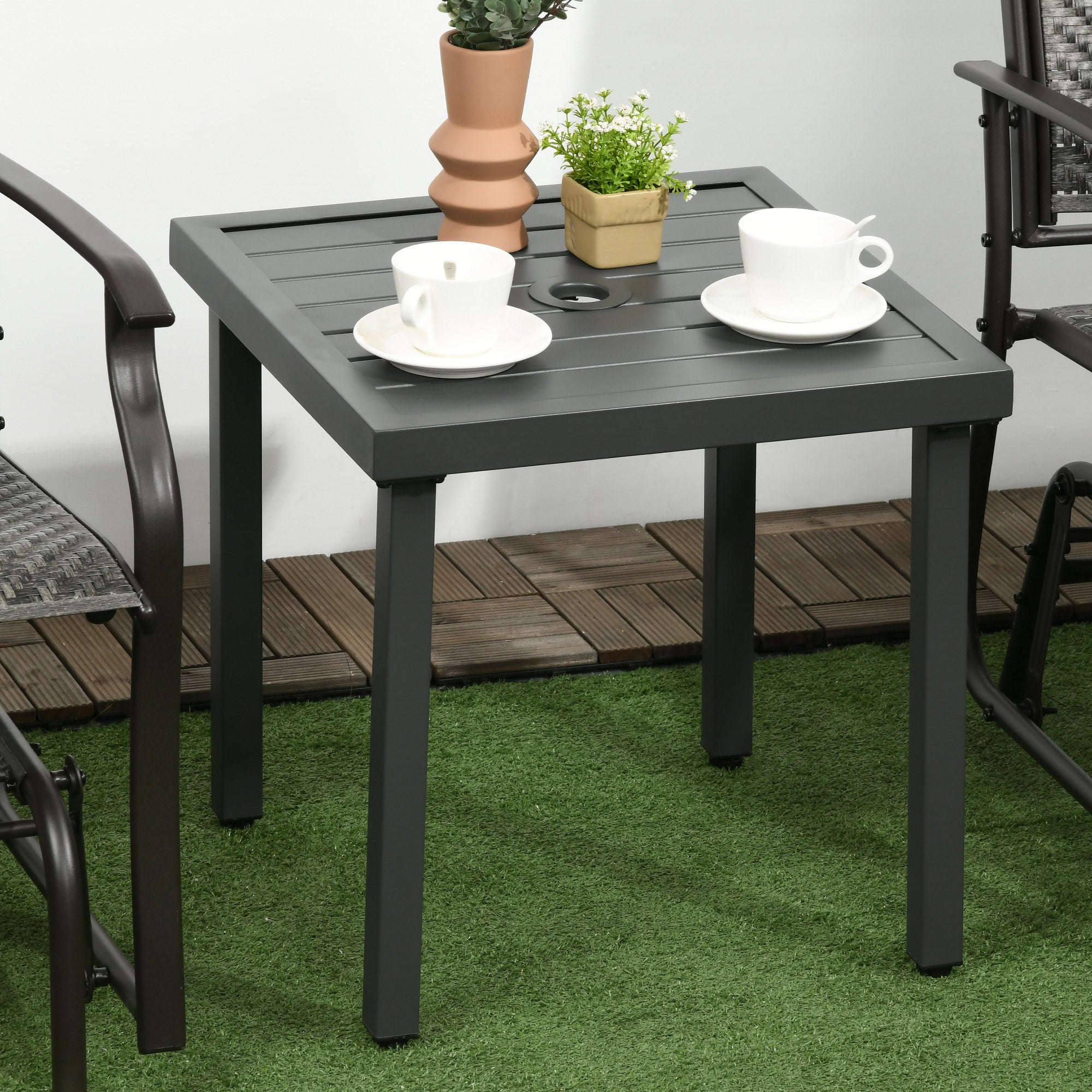 Outsunny Outdoor Side Table, Patio End Table with Umbrella Hole, Small Coffee Table with Steel Frame for Balcony, Gray