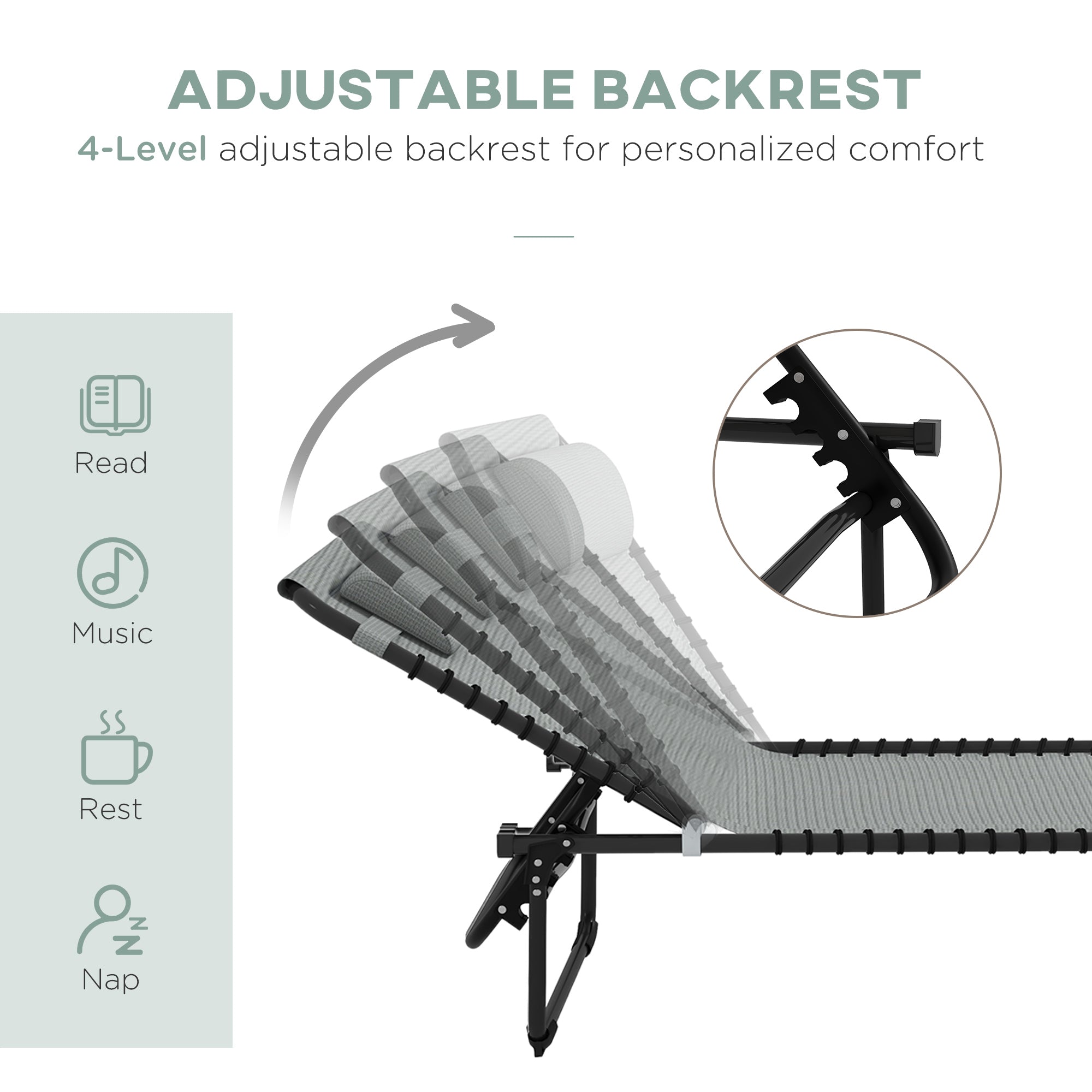 Outsunny Outdoor Folding Lounge Chair, 4-Level Adjustable Chaise Lounge with Headrest, Tanning Chair Beach Bed, Reclining Lounger Cot for Camping, Hiking, Backyard, Light Grey