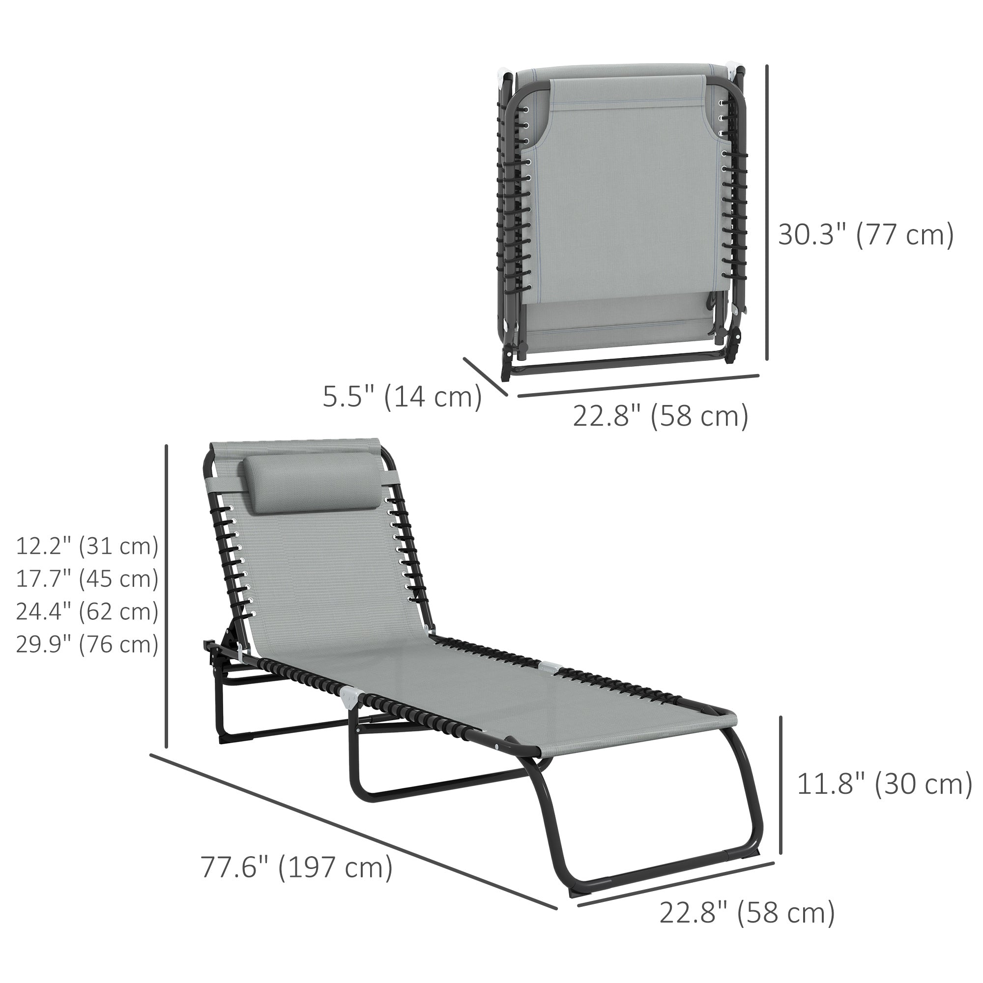 Outsunny Outdoor Folding Lounge Chair, 4-Level Adjustable Chaise Lounge with Headrest, Tanning Chair Beach Bed, Reclining Lounger Cot for Camping, Hiking, Backyard, Light Grey