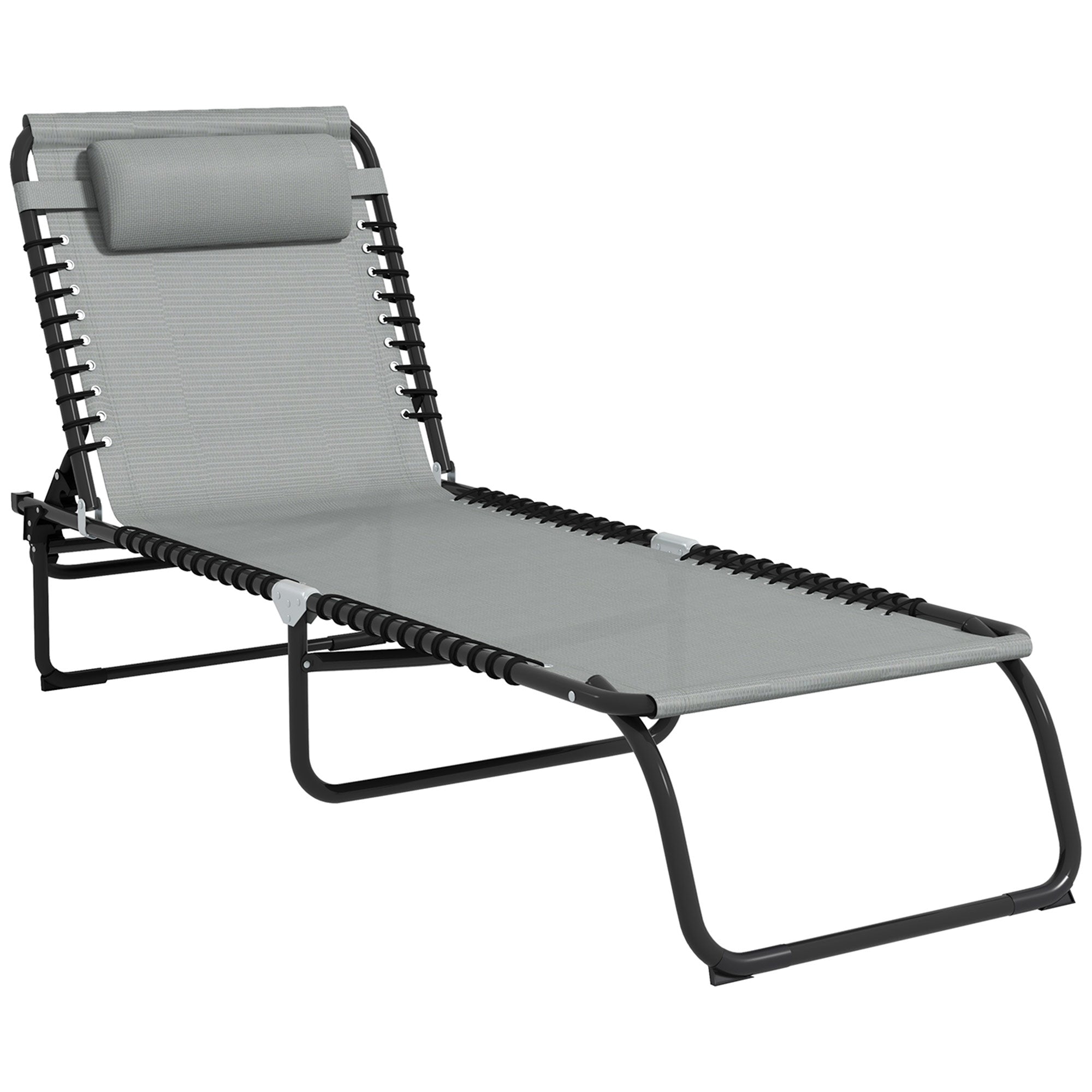 Outsunny Outdoor Folding Lounge Chair, 4-Level Adjustable Chaise Lounge with Headrest, Tanning Chair Beach Bed, Reclining Lounger Cot for Camping, Hiking, Backyard, Light Grey