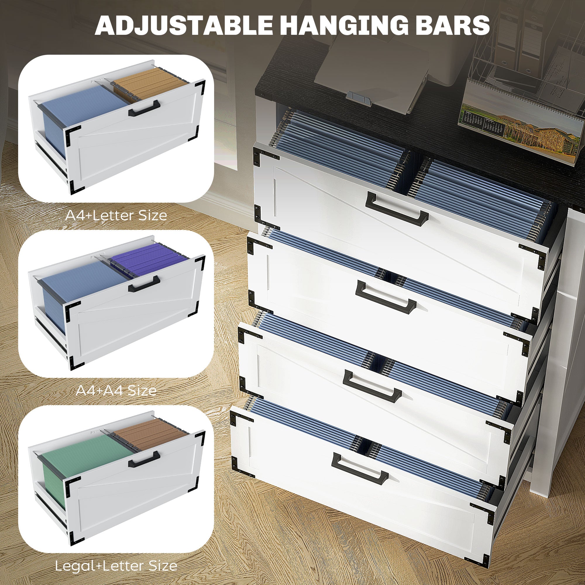 HOMCOM 4 Drawer File Cabinet, Farmhouse Lateral Filing Cabinet with Adjustable Hanging Bars for Letter, A4 and Legal Size, Printer Stand for Home Office, White