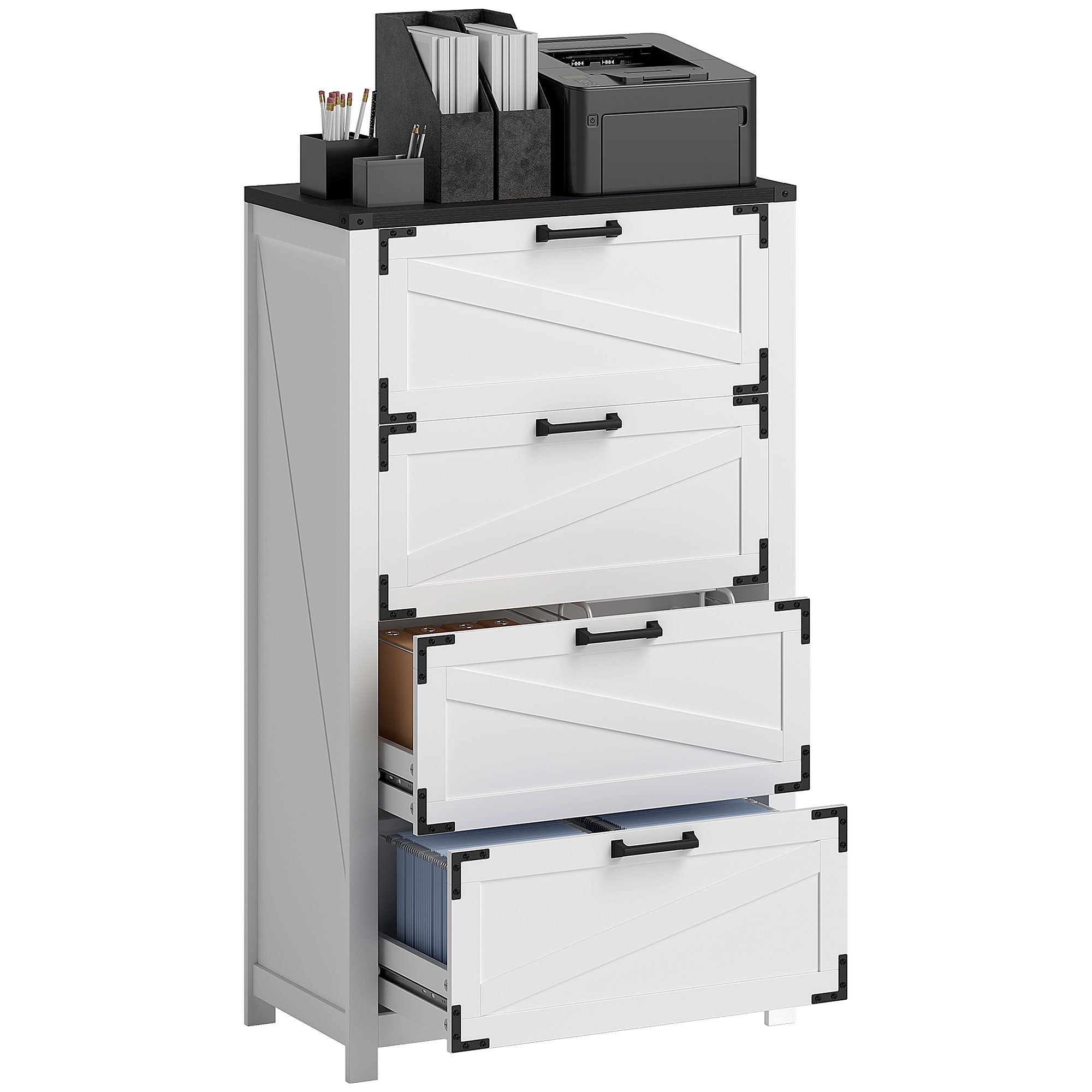 HOMCOM 4 Drawer File Cabinet, Farmhouse Lateral Filing Cabinet with Adjustable Hanging Bars for Letter, A4 and Legal Size, Printer Stand for Home Office, White