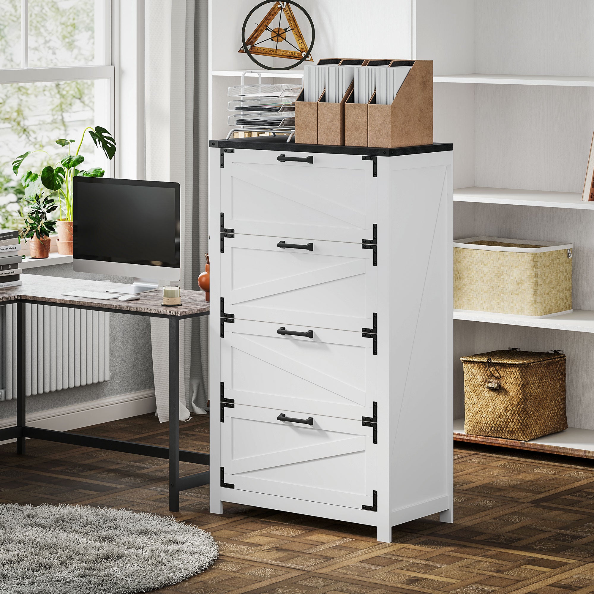 HOMCOM 4 Drawer File Cabinet, Farmhouse Lateral Filing Cabinet with Adjustable Hanging Bars for Letter, A4 and Legal Size, Printer Stand for Home Office, White