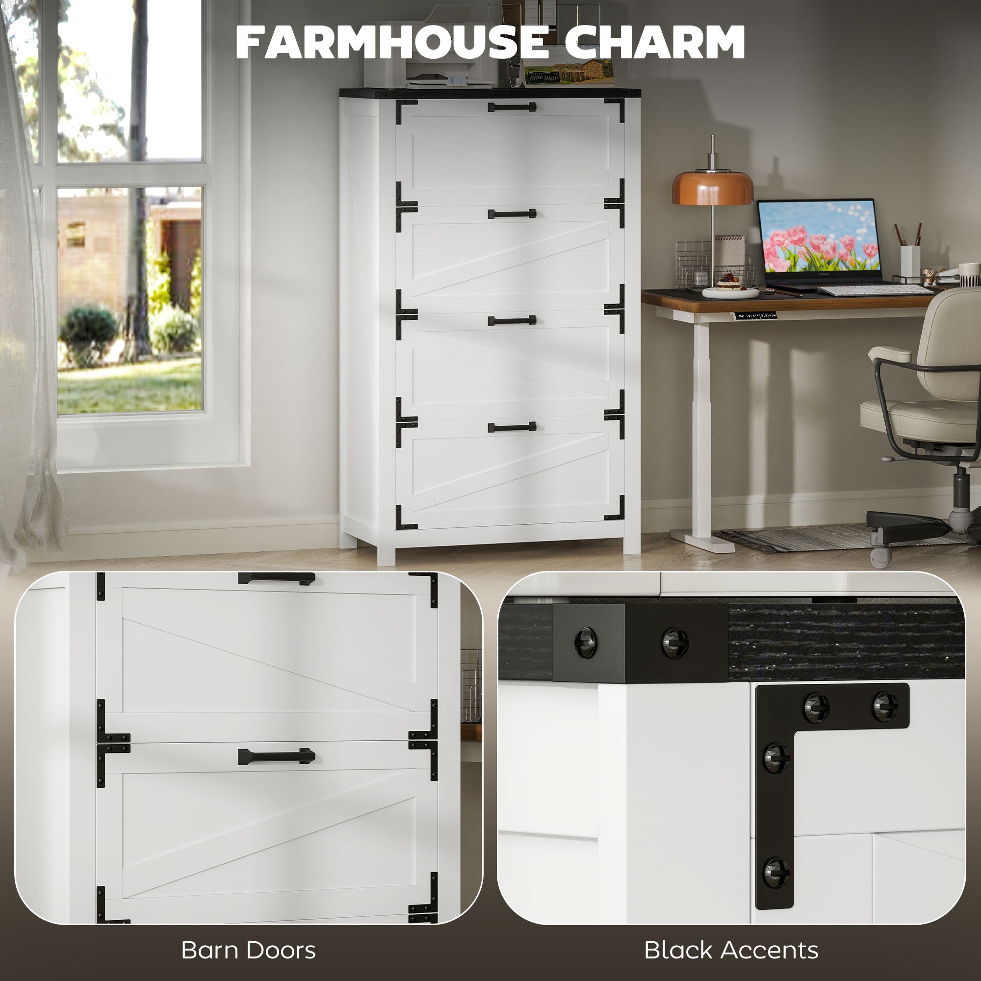 HOMCOM 4 Drawer File Cabinet, Farmhouse Lateral Filing Cabinet with Adjustable Hanging Bars for Letter, A4 and Legal Size, Printer Stand for Home Office, White