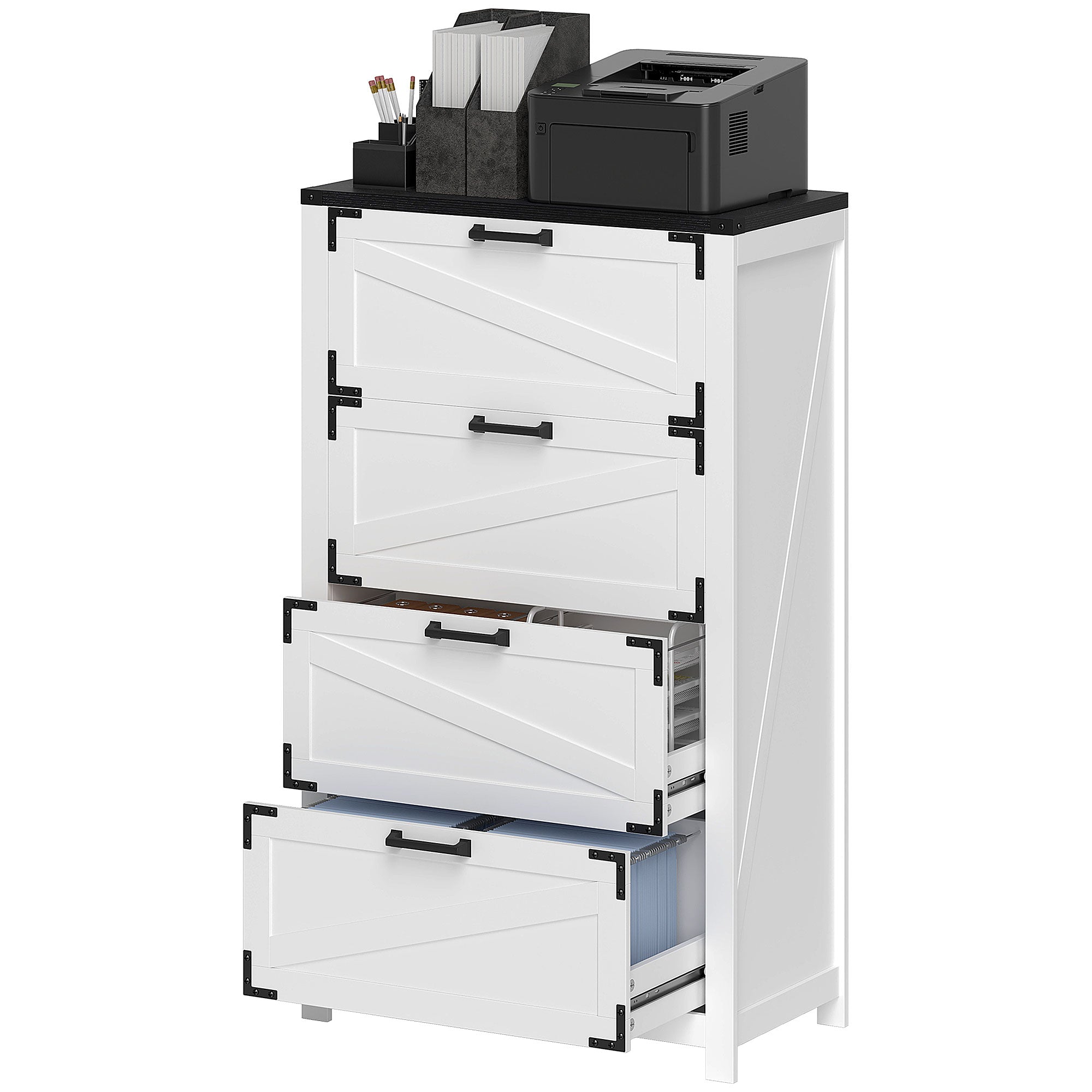 HOMCOM 4 Drawer File Cabinet, Farmhouse Lateral Filing Cabinet with Adjustable Hanging Bars for Letter, A4 and Legal Size, Printer Stand for Home Office, White