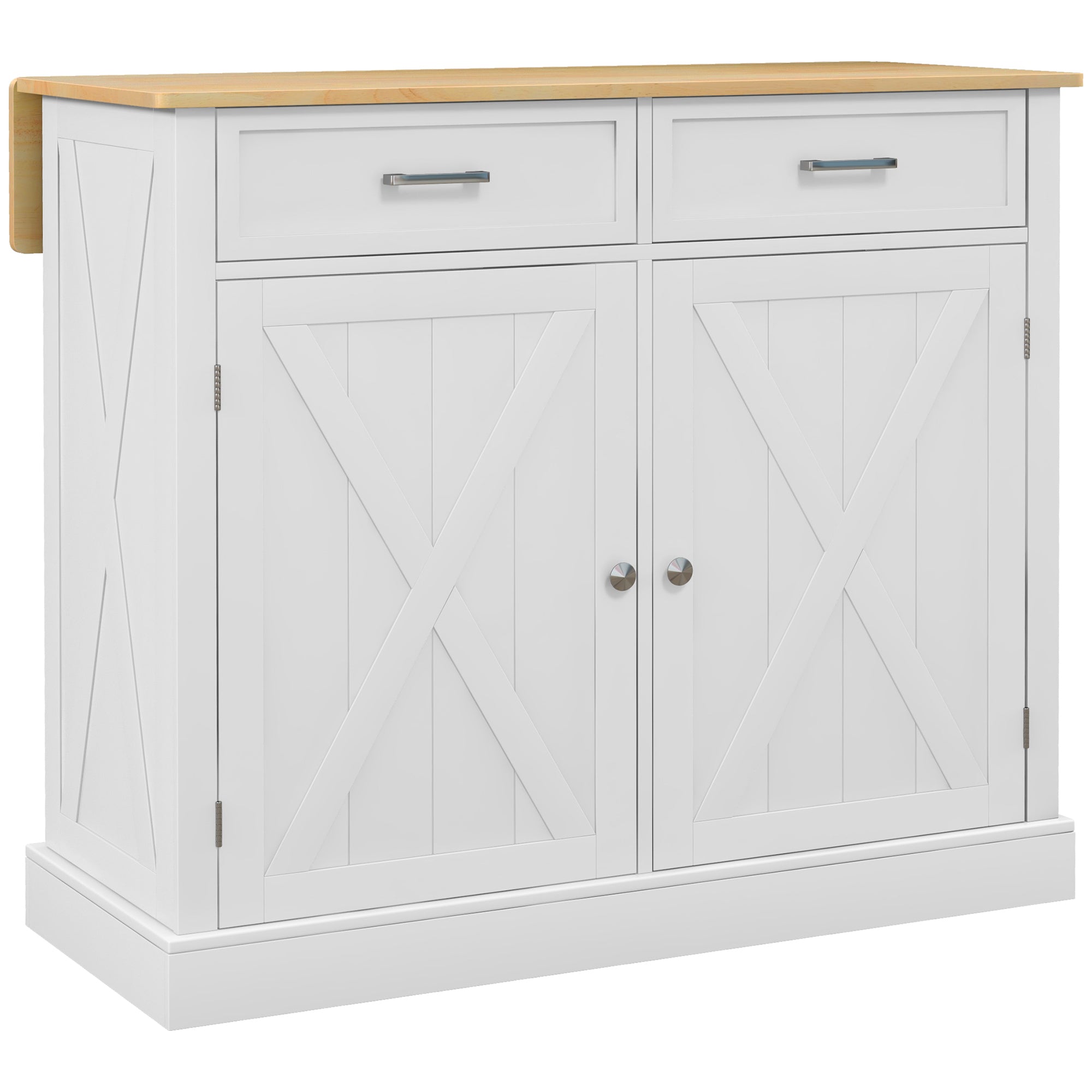 HOMCOM Rolling Kitchen Island with Drop Leaf Wood Breakfast Bar, Farmhouse Kitchen Cart with 2 Drawers, Adjustable Shelves for Dining Room (White)