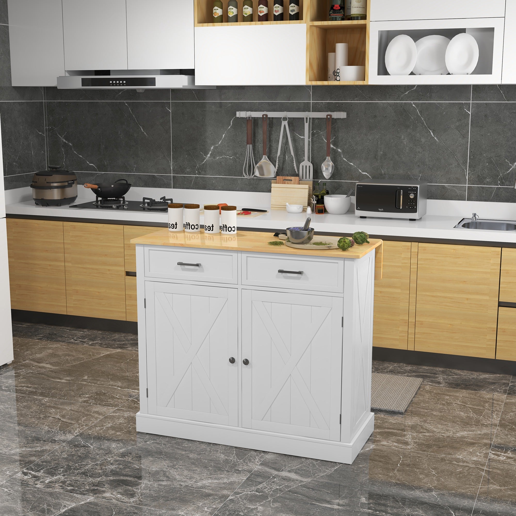 HOMCOM Rolling Kitchen Island with Drop Leaf Wood Breakfast Bar, Farmhouse Kitchen Cart with 2 Drawers, Adjustable Shelves for Dining Room (White)