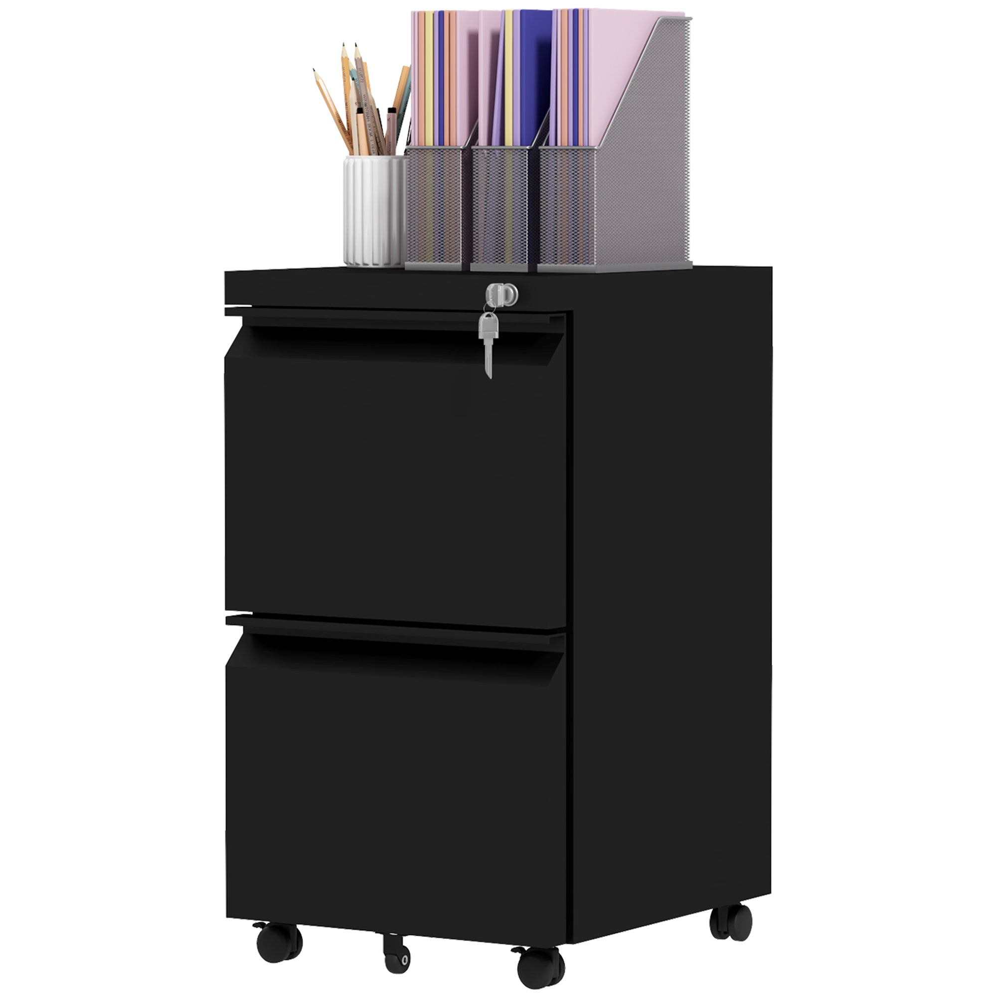 Vinsetto Mobile Vertical Filing Cabinet with Lock, 2-Drawer Steel File Cabinet with Adjustable Hanging Bar for Letter, A4 and Legal Size, Black