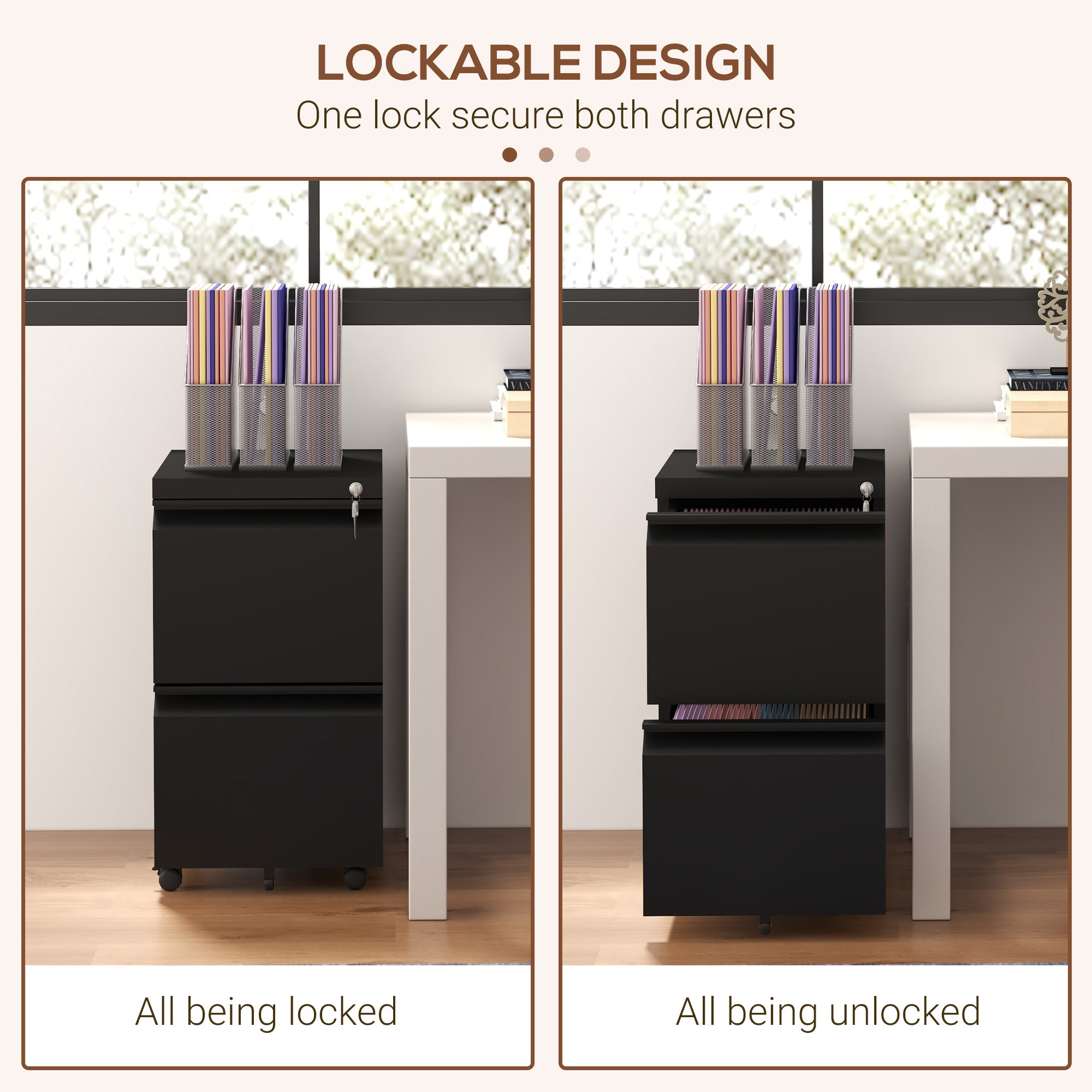 Vinsetto Mobile Vertical Filing Cabinet with Lock, 2-Drawer Steel File Cabinet with Adjustable Hanging Bar for Letter, A4 and Legal Size, Black