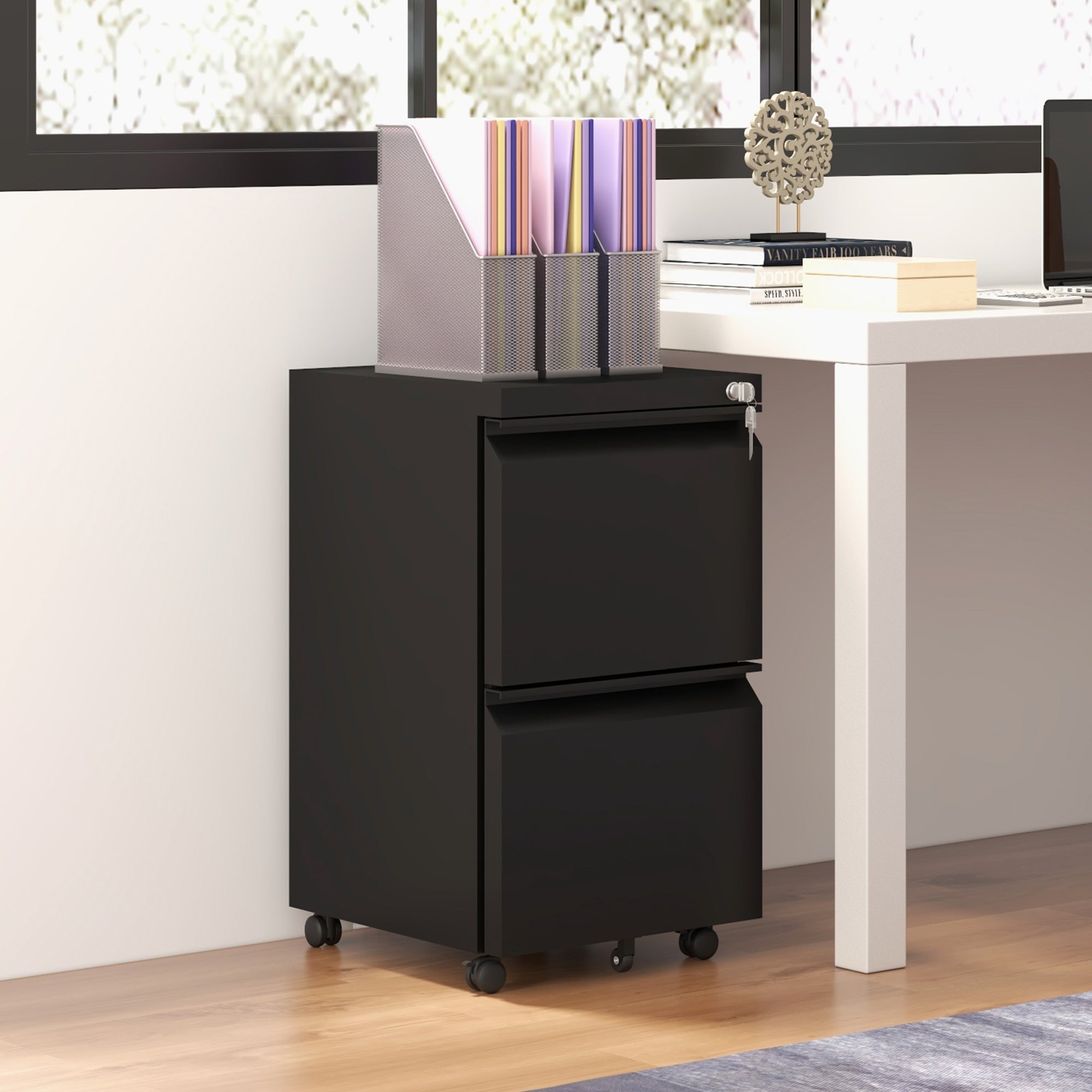 Vinsetto Mobile Vertical Filing Cabinet with Lock, 2-Drawer Steel File Cabinet with Adjustable Hanging Bar for Letter, A4 and Legal Size, Black