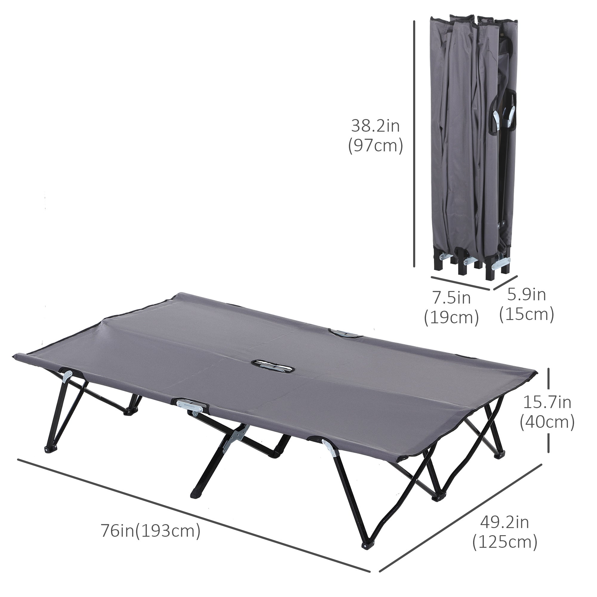 Outsunny 76" Two Person Folding Camping Cot Outdoor Portable Double Cot Wide Military Sleeping Bed w/ Carrying Bag Grey