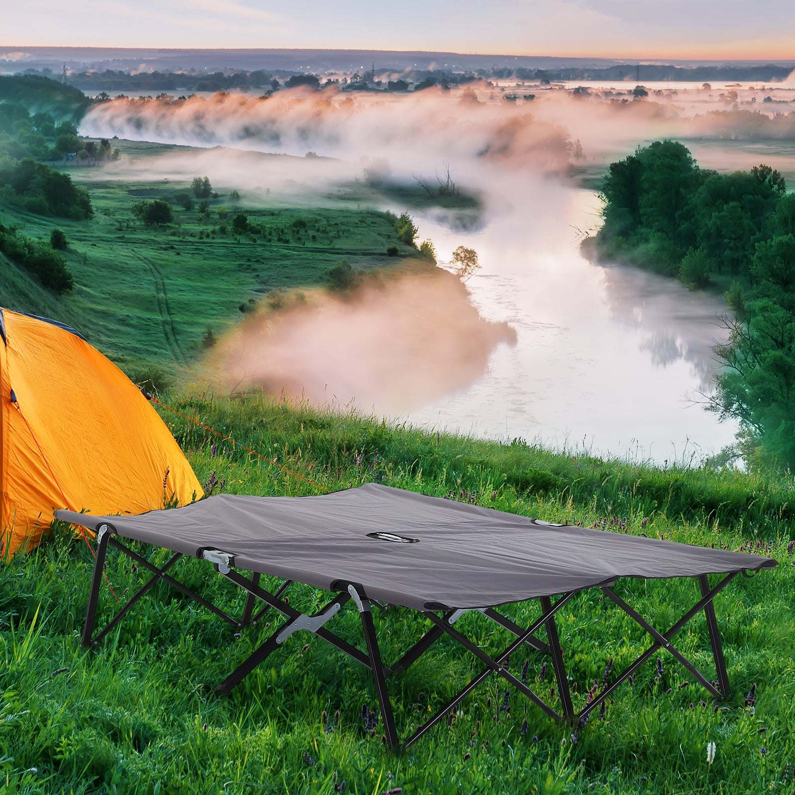 Outsunny 76" Two Person Folding Camping Cot Outdoor Portable Double Cot Wide Military Sleeping Bed w/ Carrying Bag Grey