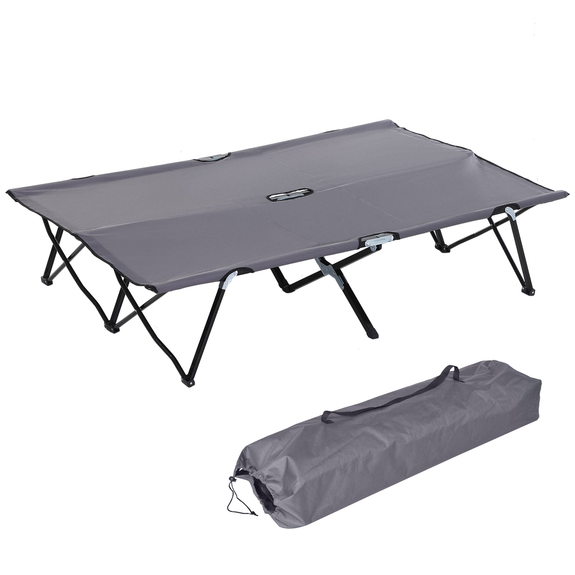 Outsunny 76" Two Person Folding Camping Cot Outdoor Portable Double Cot Wide Military Sleeping Bed w/ Carrying Bag Grey