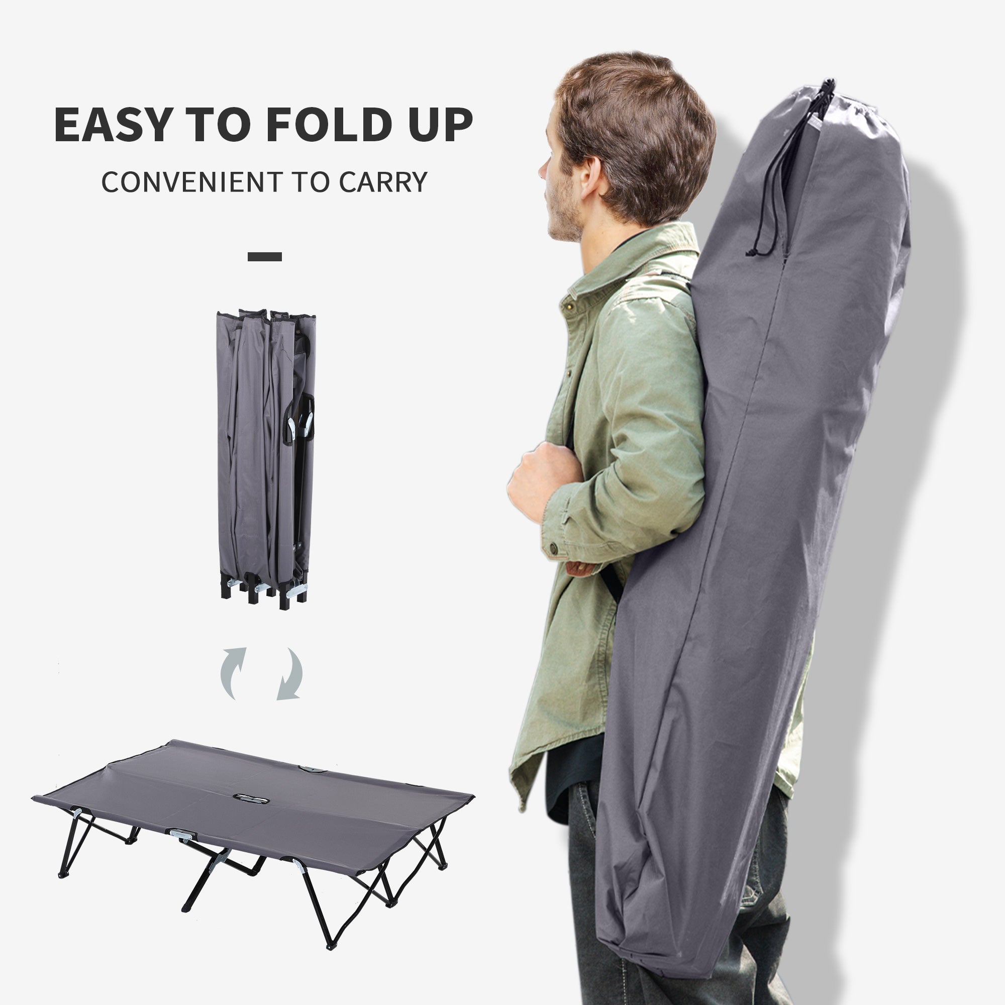 Outsunny 76" Two Person Folding Camping Cot Outdoor Portable Double Cot Wide Military Sleeping Bed w/ Carrying Bag Grey
