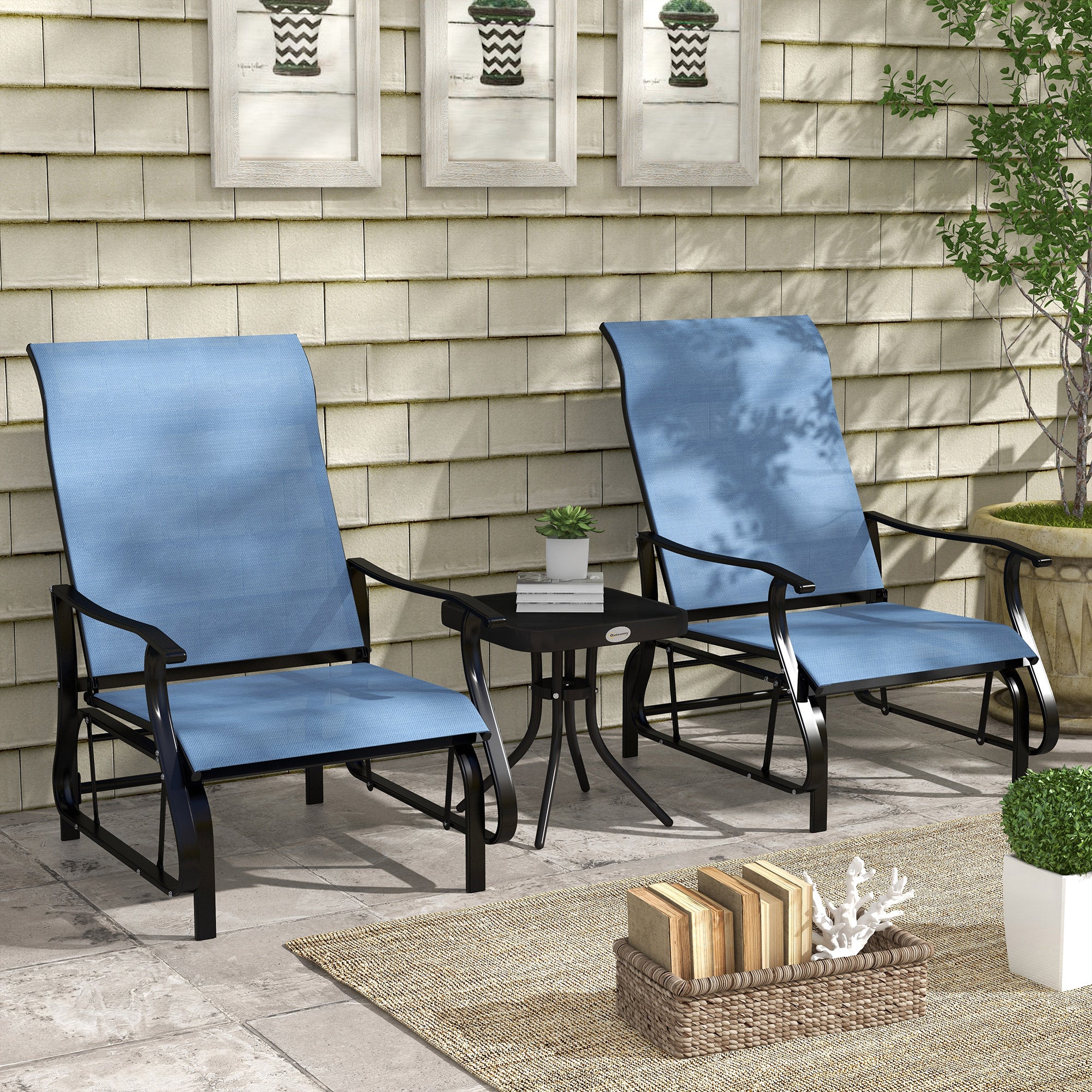 Outsunny 3PCs Glider Rocking Chairs with Table, Outdoor Gliders with Steel Frame, Mesh Seat, Tempered Glass Table Top for Patio, Garden, Backyard, Deck, Porch, Light Blue