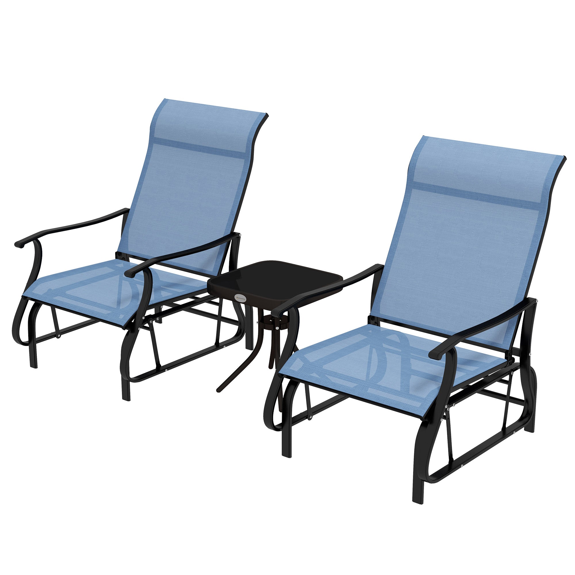 Outsunny 3PCs Glider Rocking Chairs with Table, Outdoor Gliders with Steel Frame, Mesh Seat, Tempered Glass Table Top for Patio, Garden, Backyard, Deck, Porch, Light Blue
