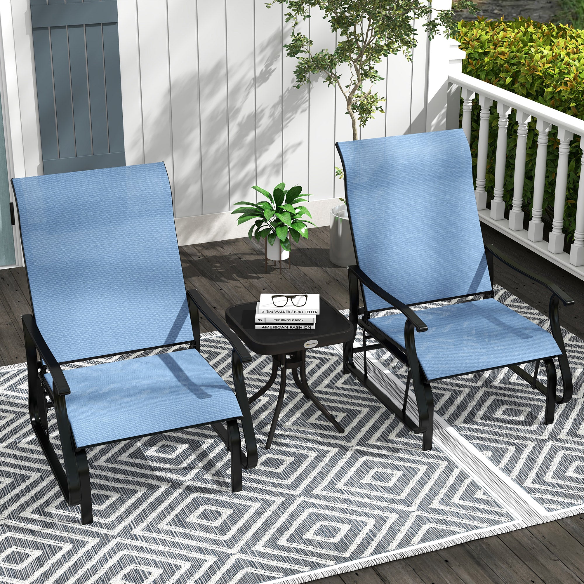 Outsunny 3PCs Glider Rocking Chairs with Table, Outdoor Gliders with Steel Frame, Mesh Seat, Tempered Glass Table Top for Patio, Garden, Backyard, Deck, Porch, Light Blue