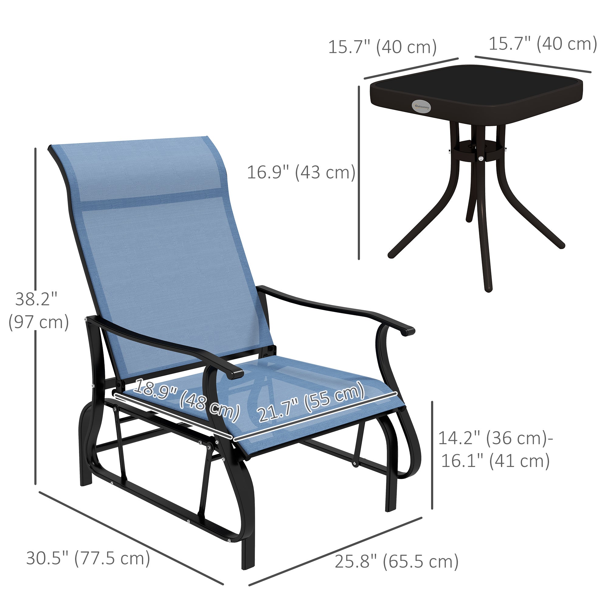 Outsunny 3PCs Glider Rocking Chairs with Table, Outdoor Gliders with Steel Frame, Mesh Seat, Tempered Glass Table Top for Patio, Garden, Backyard, Deck, Porch, Light Blue