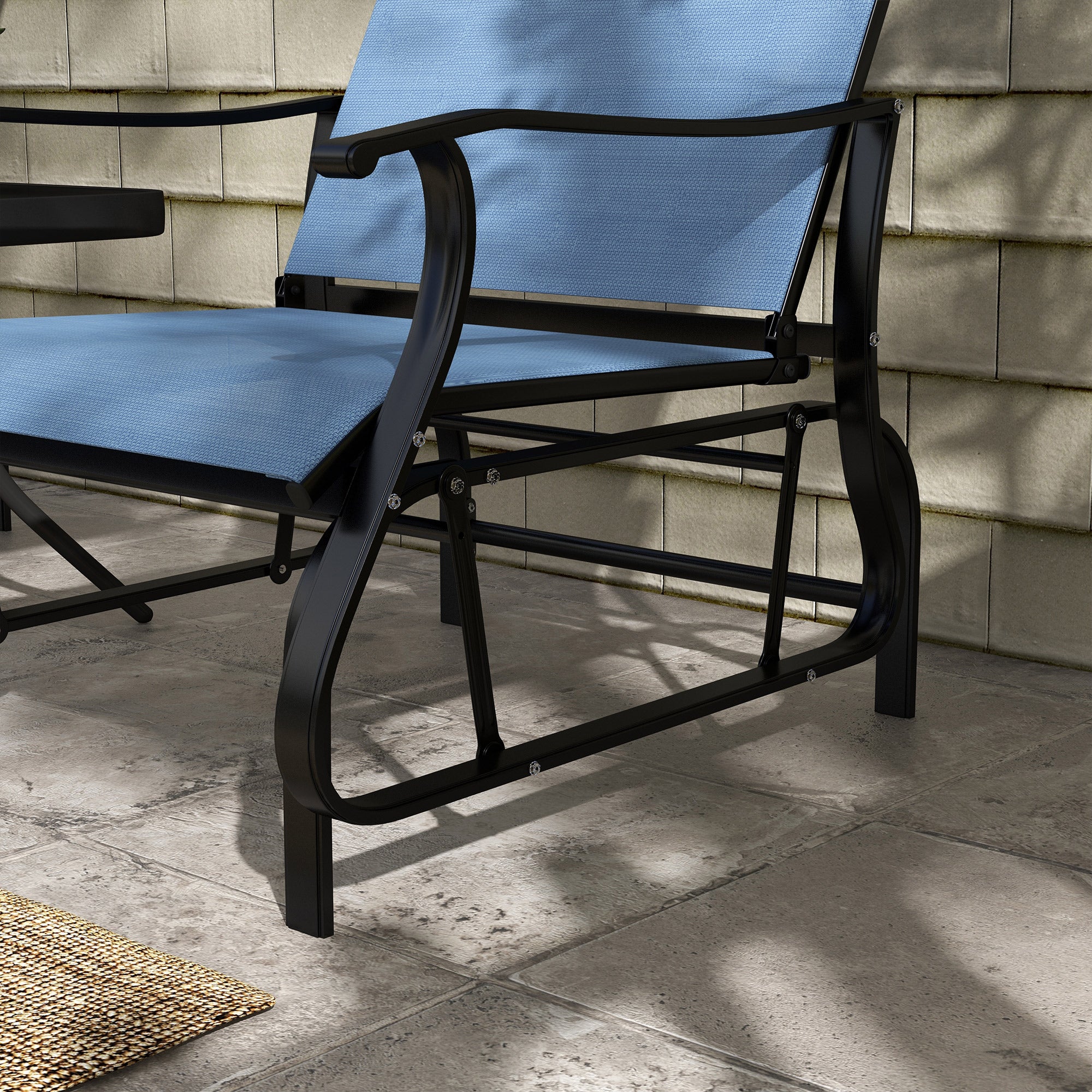 Outsunny 3PCs Glider Rocking Chairs with Table, Outdoor Gliders with Steel Frame, Mesh Seat, Tempered Glass Table Top for Patio, Garden, Backyard, Deck, Porch, Light Blue