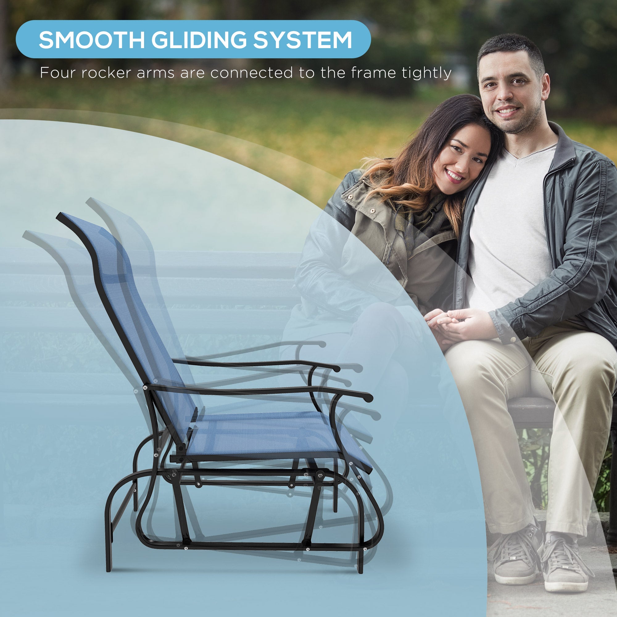 Outsunny 3PCs Glider Rocking Chairs with Table, Outdoor Gliders with Steel Frame, Mesh Seat, Tempered Glass Table Top for Patio, Garden, Backyard, Deck, Porch, Light Blue