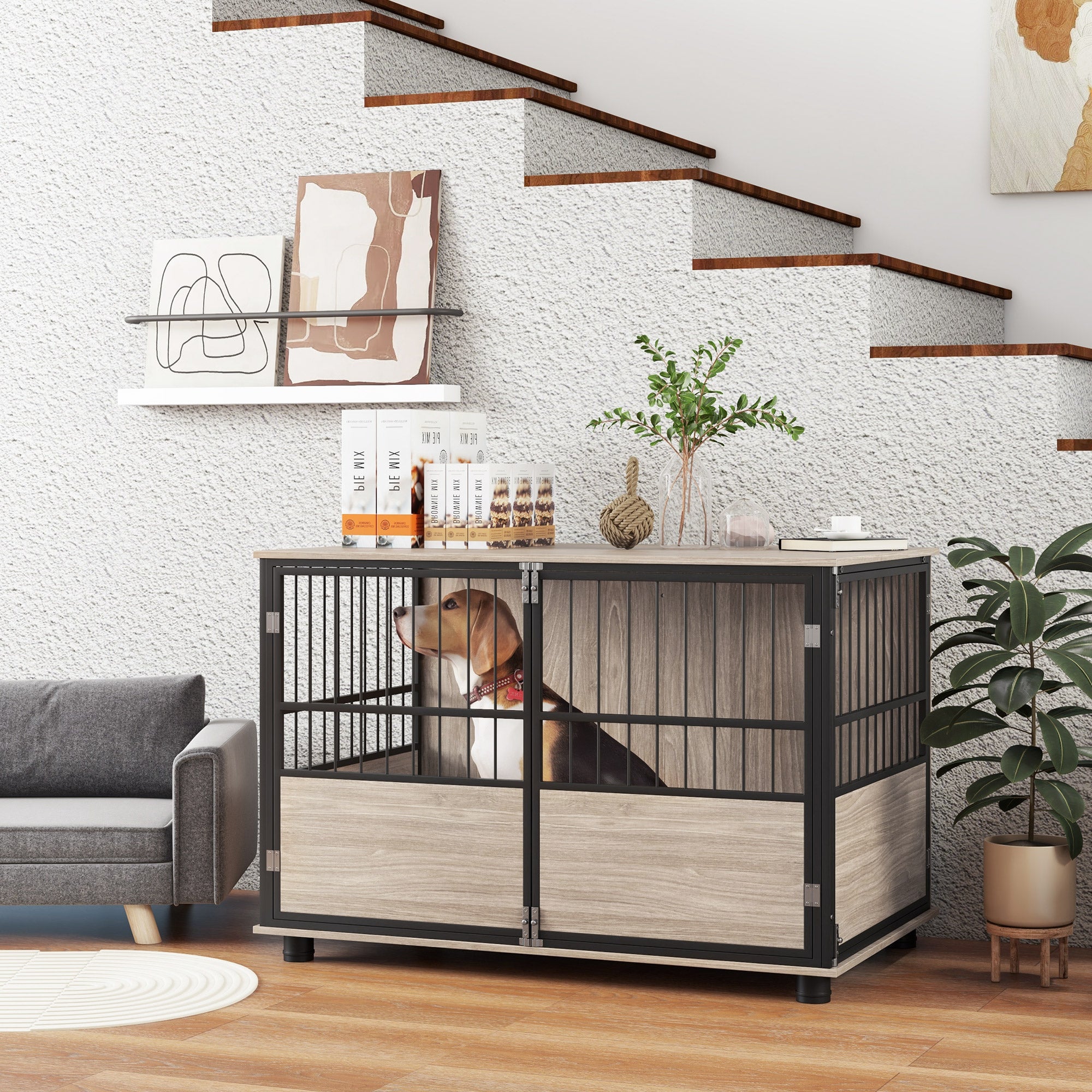 PawHut 39.5" Dog Crate Furniture End Table, Wooden Dog Kennel Indoor Pet House with 3 Doors, for Small to Large Dogs