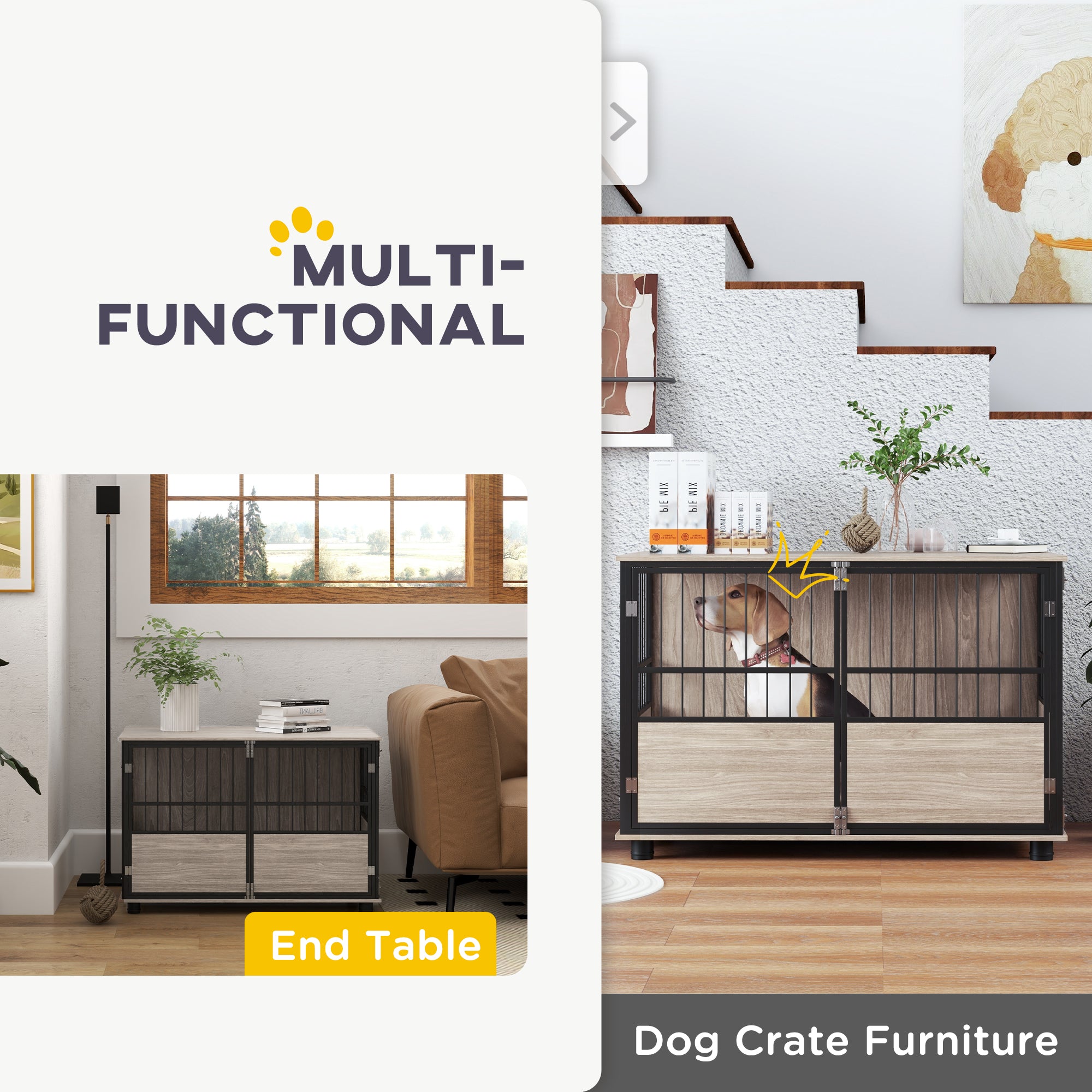 PawHut 39.5" Dog Crate Furniture End Table, Wooden Dog Kennel Indoor Pet House with 3 Doors, for Small to Large Dogs