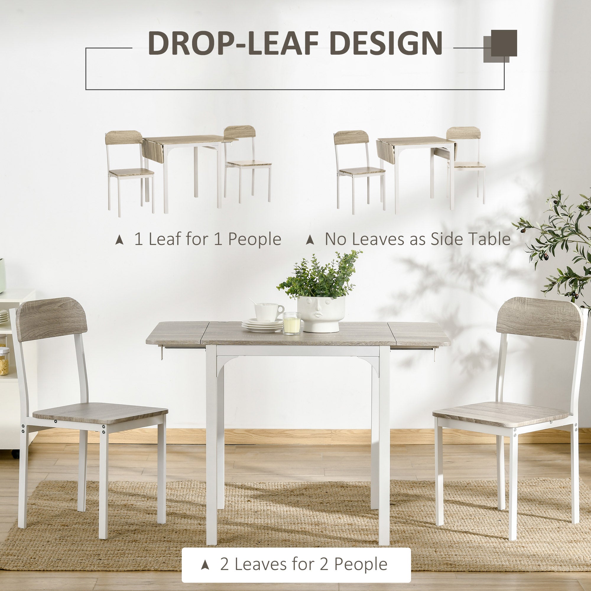 HOMCOM Dining Table Set for 2, 3-Piece Kitchen Table Set for 2, Folding Rectangular Dining Table with 2 Drop Leaves, 2 Chairs for Dining Room, Dinette, Breakfast Nook, Oak