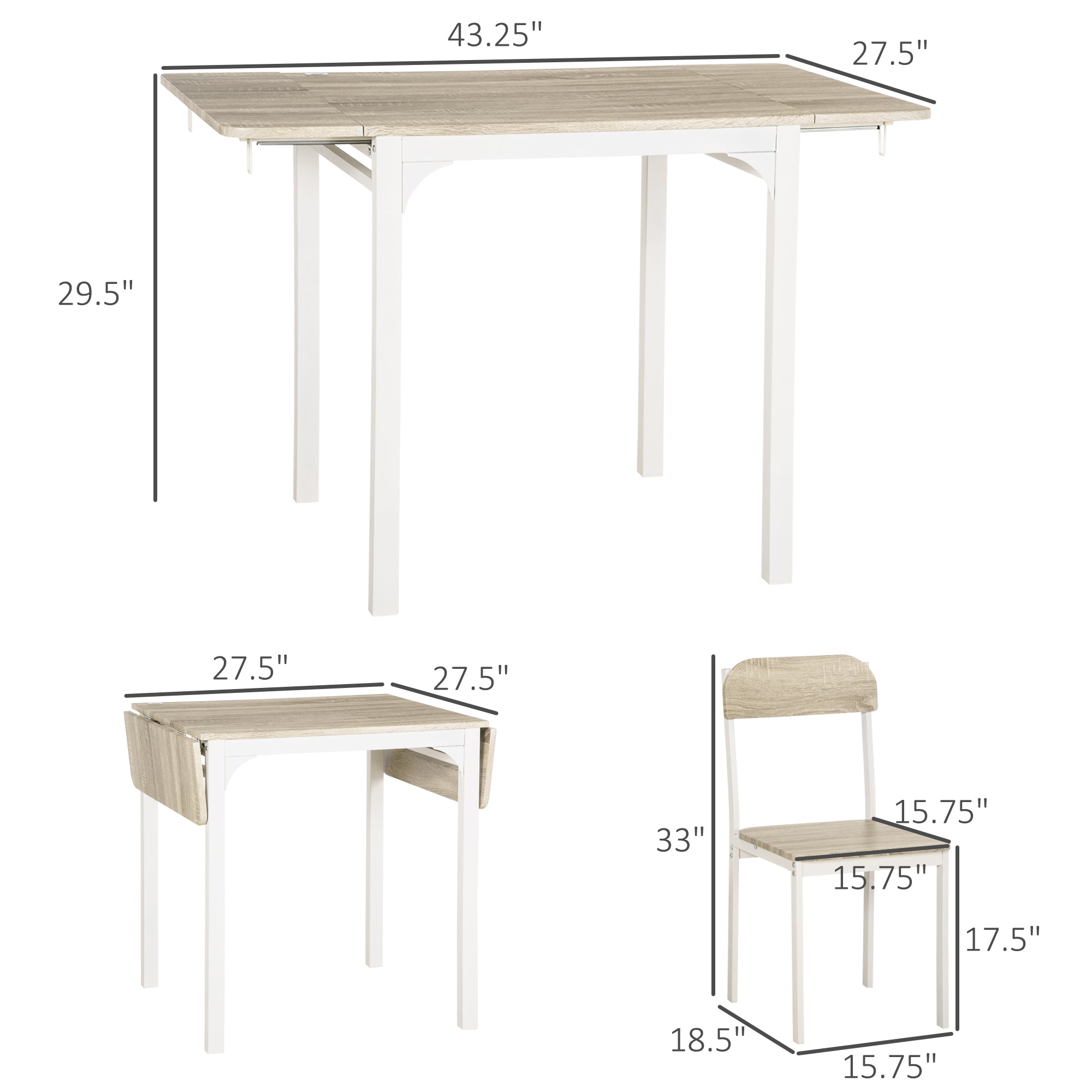 HOMCOM Dining Table Set for 2, 3-Piece Kitchen Table Set for 2, Folding Rectangular Dining Table with 2 Drop Leaves, 2 Chairs for Dining Room, Dinette, Breakfast Nook, Oak
