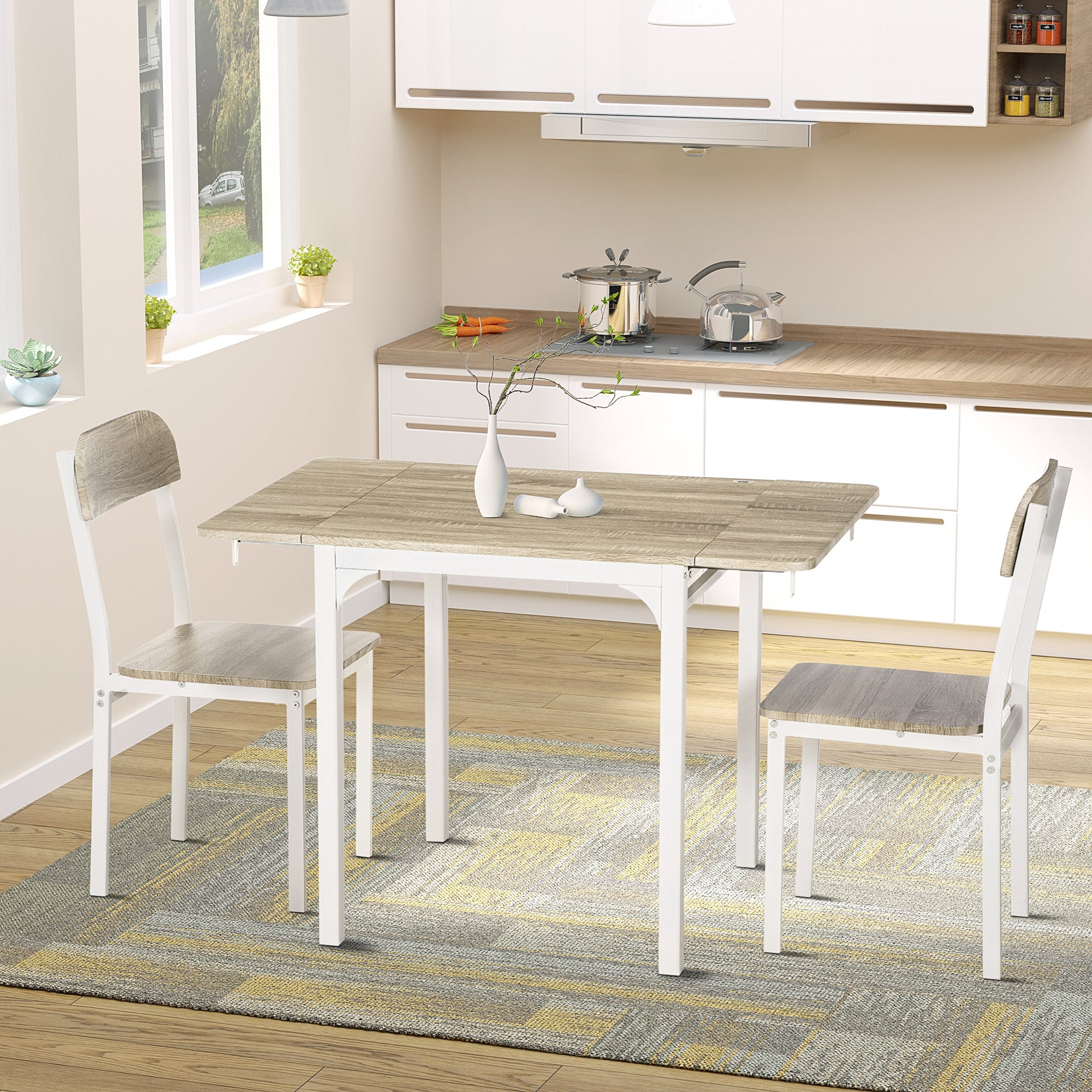 HOMCOM Dining Table Set for 2, 3-Piece Kitchen Table Set for 2, Folding Rectangular Dining Table with 2 Drop Leaves, 2 Chairs for Dining Room, Dinette, Breakfast Nook, Oak