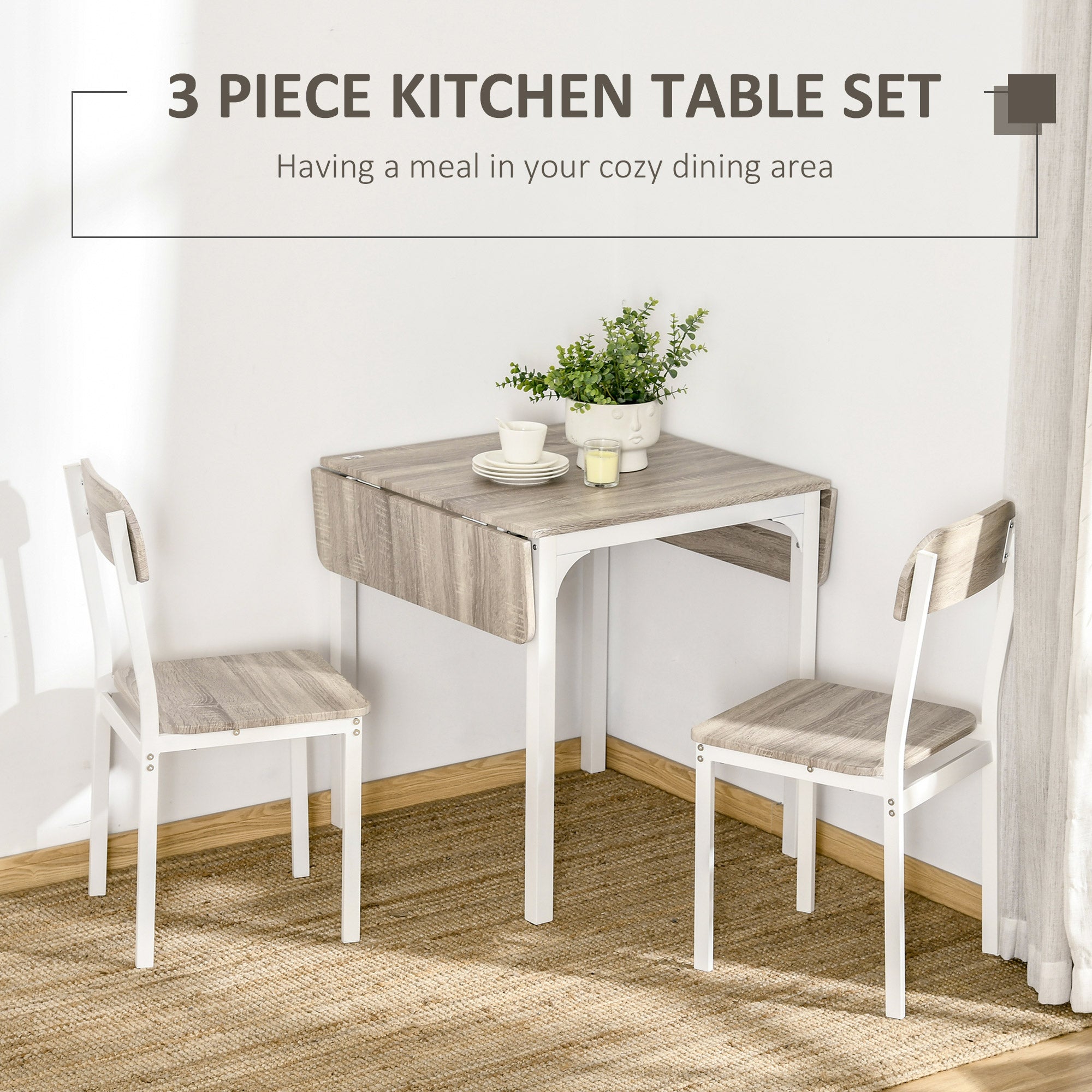 HOMCOM Dining Table Set for 2, 3-Piece Kitchen Table Set for 2, Folding Rectangular Dining Table with 2 Drop Leaves, 2 Chairs for Dining Room, Dinette, Breakfast Nook, Oak