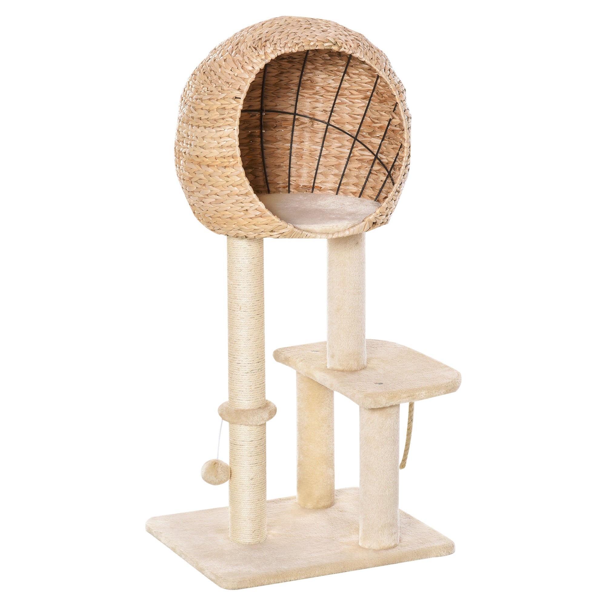 PawHut Cat Tree with Sisal Scratching Post Condo and Hanging Rope 39" H, Beige