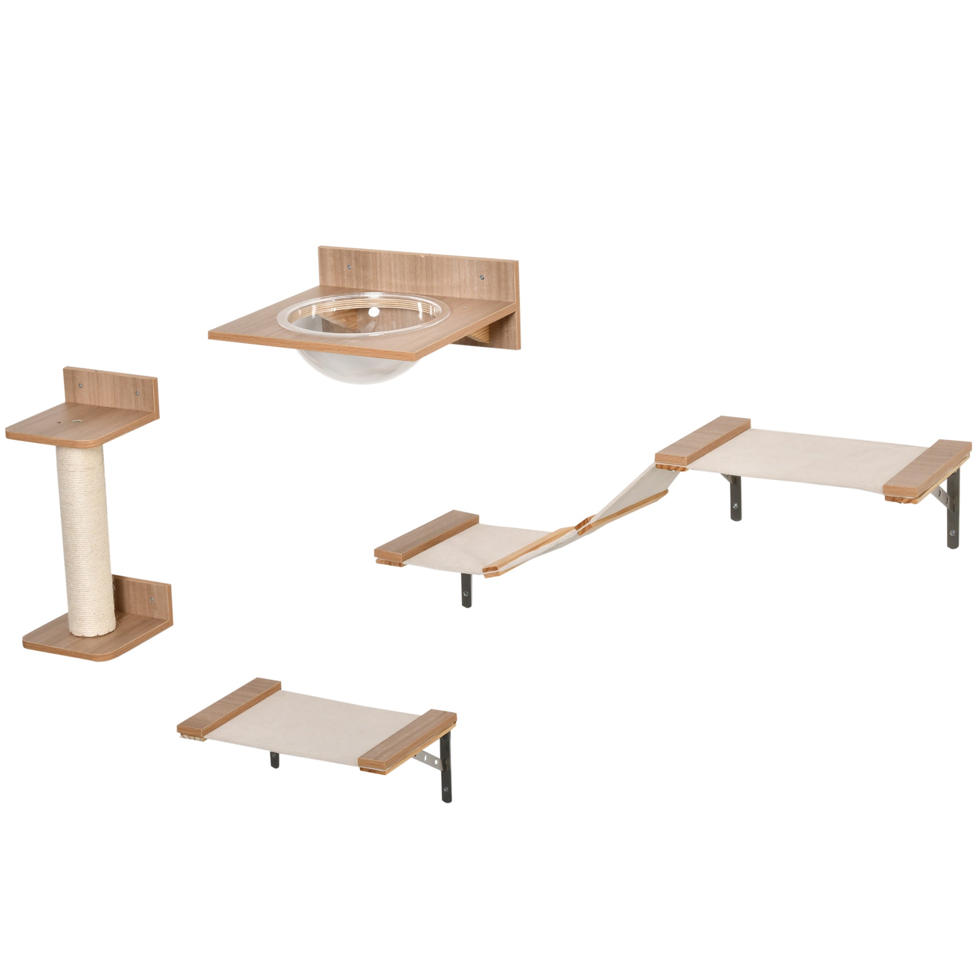 PawHut 4PCs Wall-mounted Cats Climbing Shelf Set Cat Tree Kitten Perch Activity Center with Hammock Scratching Post Jumping Platform Brown