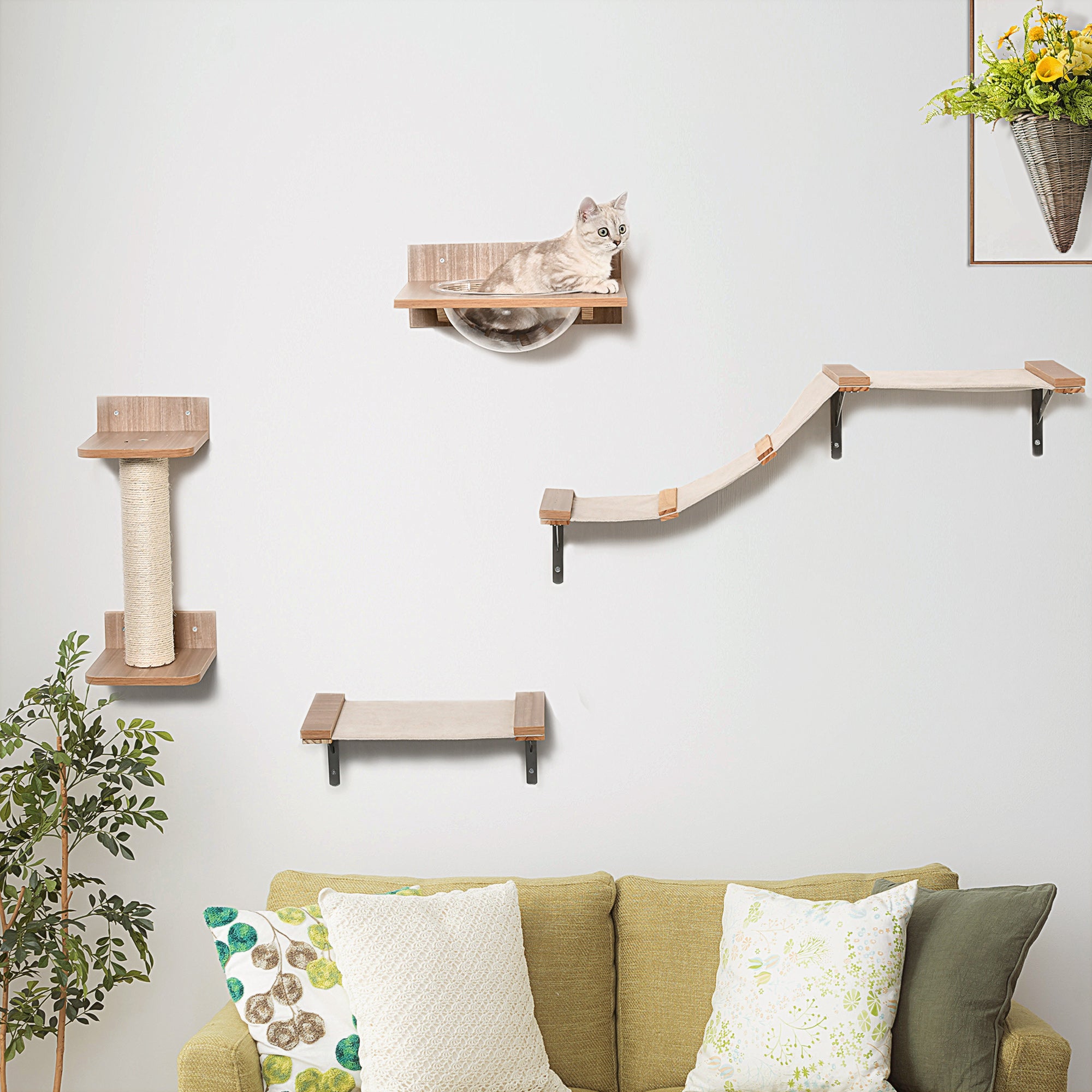 PawHut 4PCs Wall-mounted Cats Climbing Shelf Set Cat Tree Kitten Perch Activity Center with Hammock Scratching Post Jumping Platform Brown