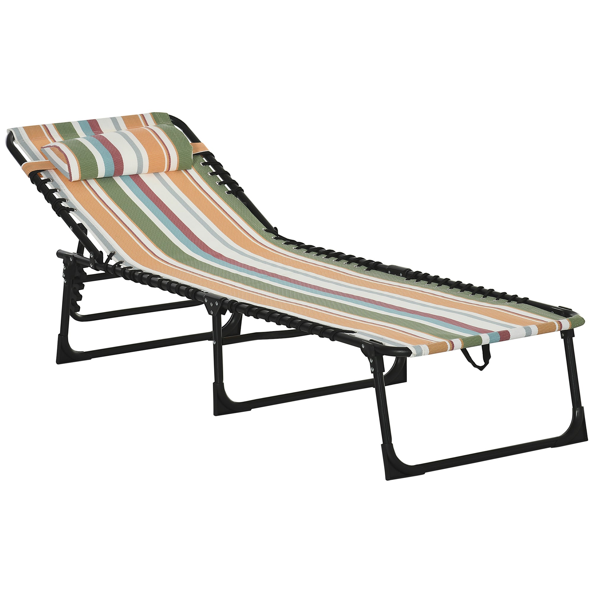 Outsunny Outdoor Folding Lounge Chair, 4-Level Adjustable Chaise Lounge with Headrest, Tanning Chair Beach Bed, Reclining Lounger Cot for Camping, Hiking, Backyard, Multicoloured