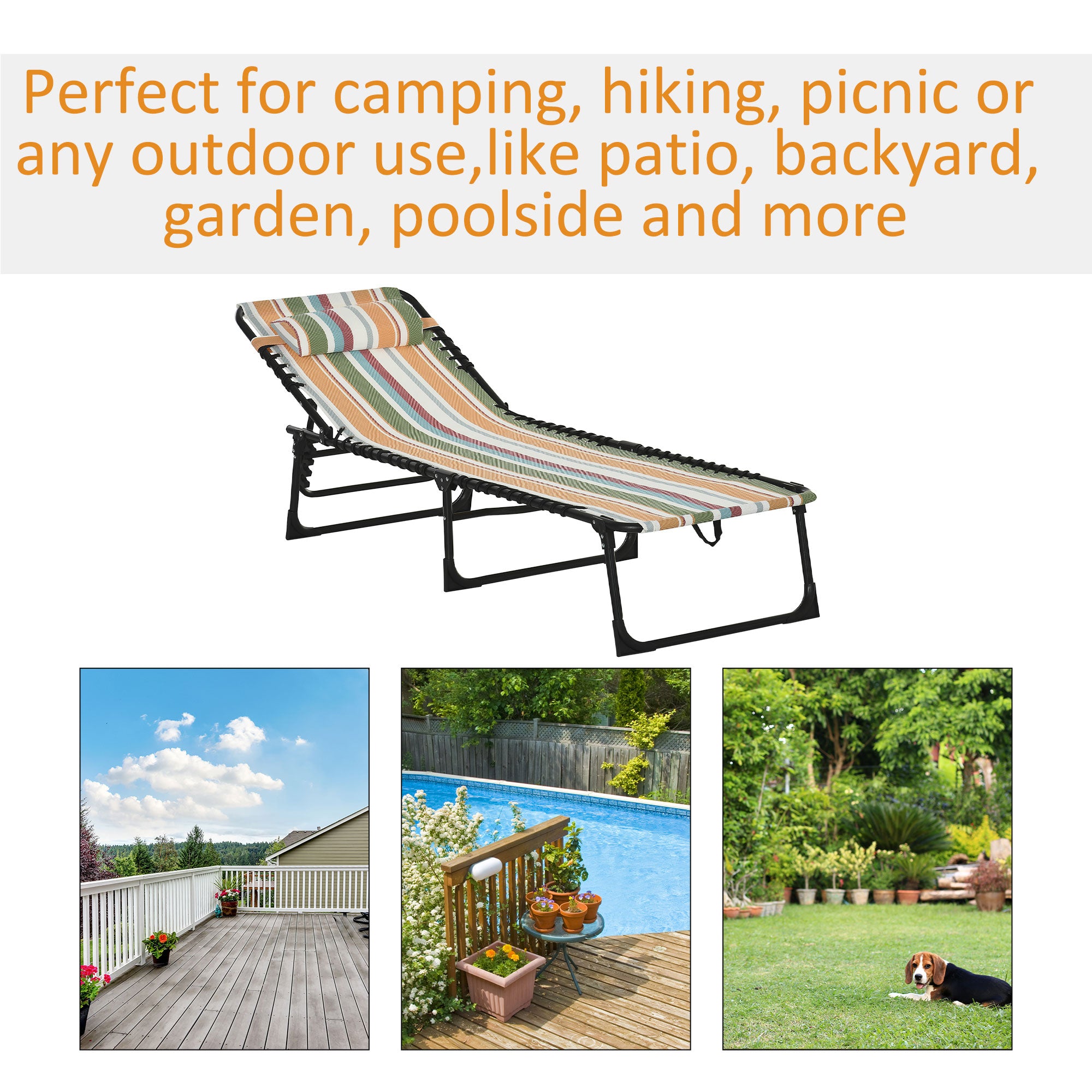 Outsunny Outdoor Folding Lounge Chair, 4-Level Adjustable Chaise Lounge with Headrest, Tanning Chair Beach Bed, Reclining Lounger Cot for Camping, Hiking, Backyard, Multicoloured