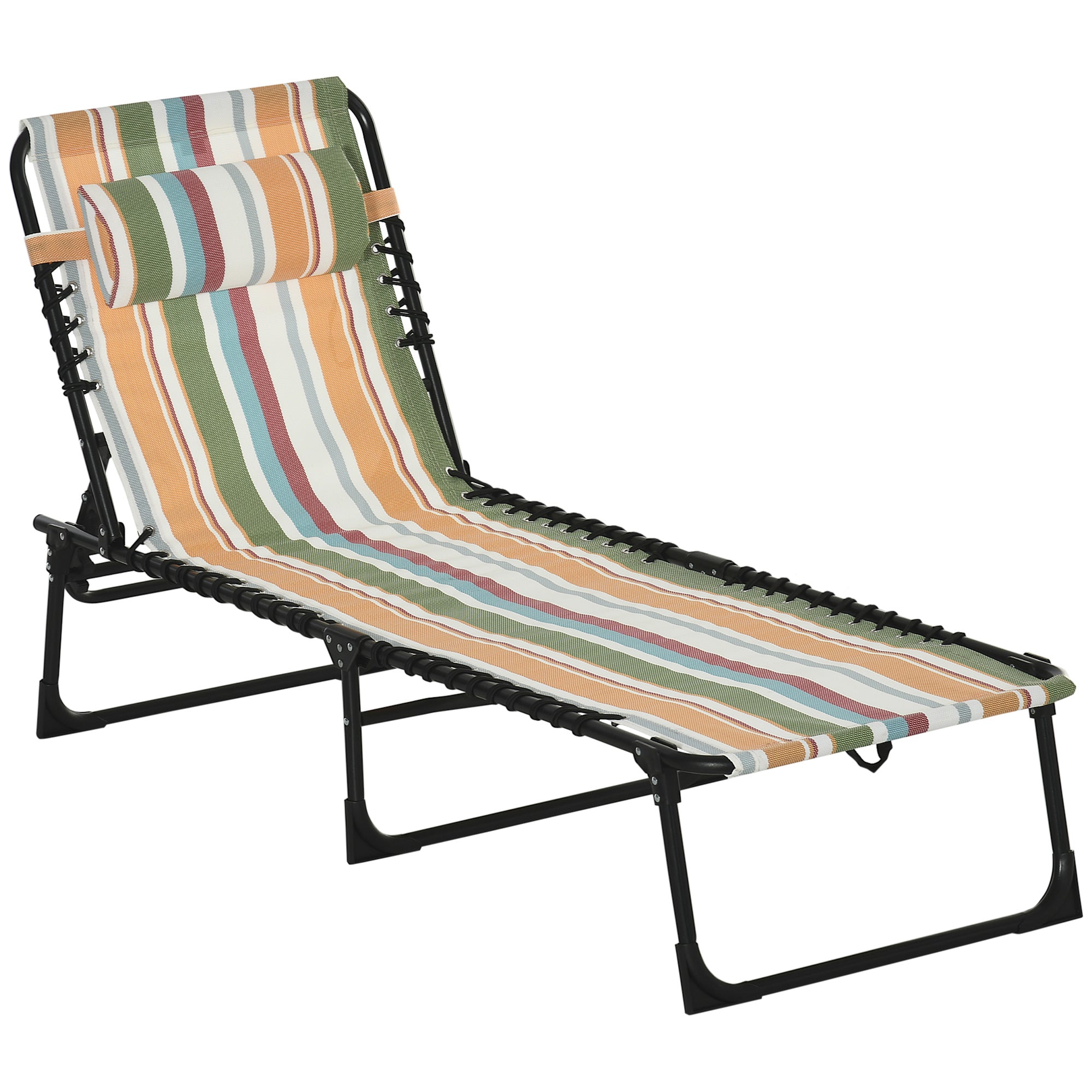 Outsunny Outdoor Folding Lounge Chair, 4-Level Adjustable Chaise Lounge with Headrest, Tanning Chair Beach Bed, Reclining Lounger Cot for Camping, Hiking, Backyard, Multicoloured