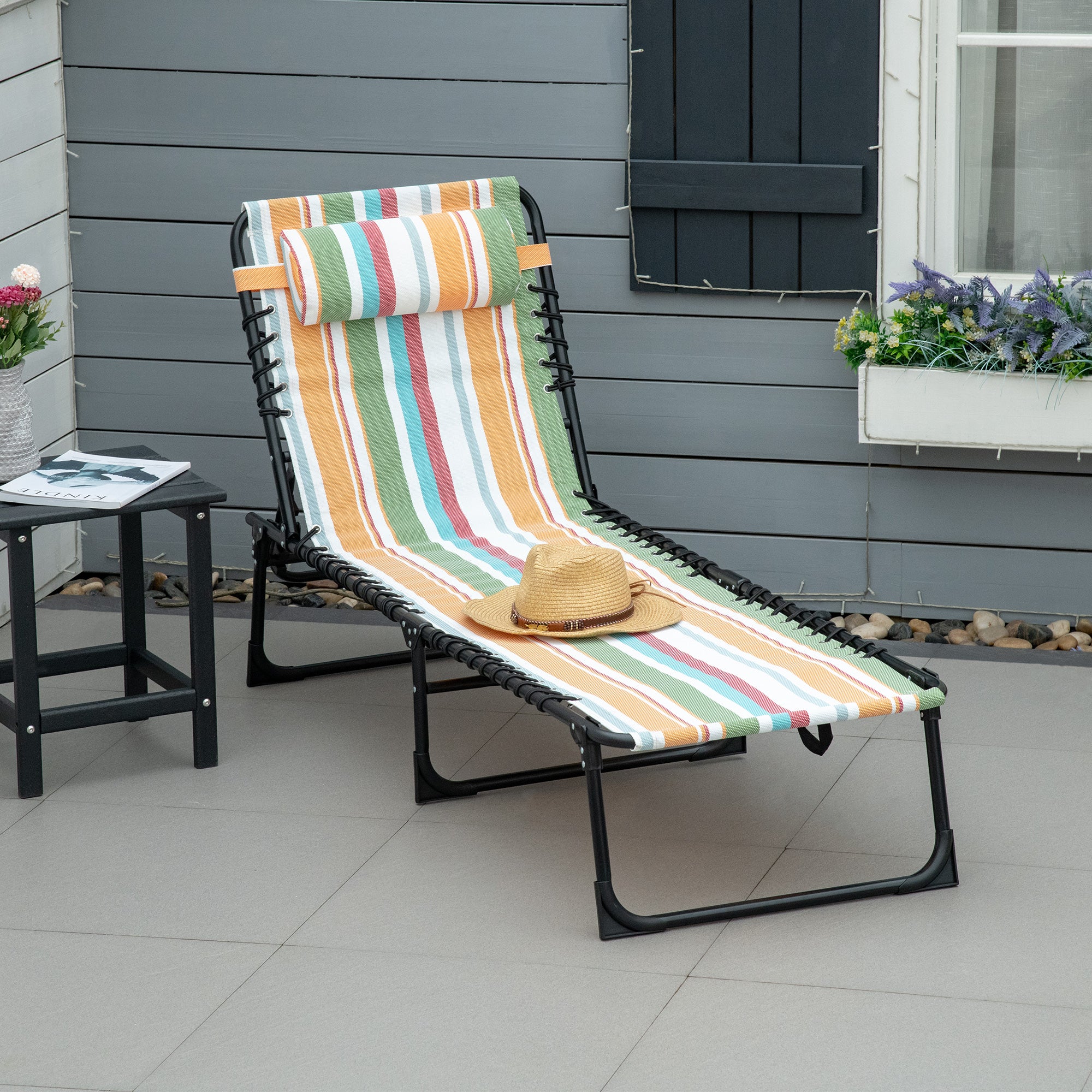 Outsunny Outdoor Folding Lounge Chair, 4-Level Adjustable Chaise Lounge with Headrest, Tanning Chair Beach Bed, Reclining Lounger Cot for Camping, Hiking, Backyard, Multicoloured