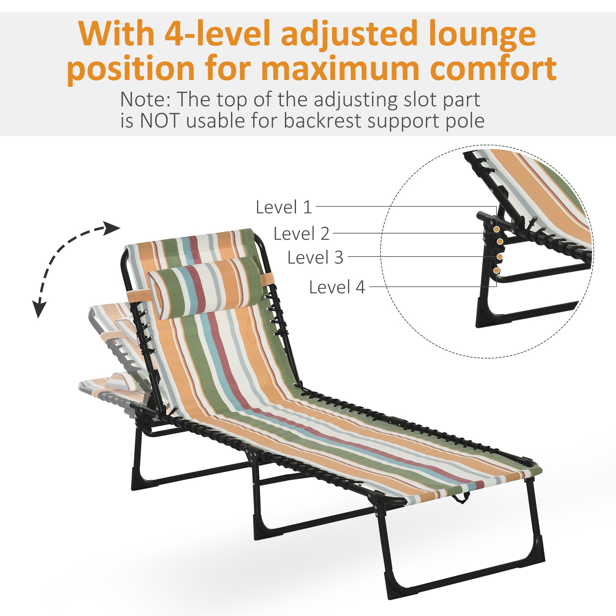 Outsunny Outdoor Folding Lounge Chair, 4-Level Adjustable Chaise Lounge with Headrest, Tanning Chair Beach Bed, Reclining Lounger Cot for Camping, Hiking, Backyard, Multicoloured