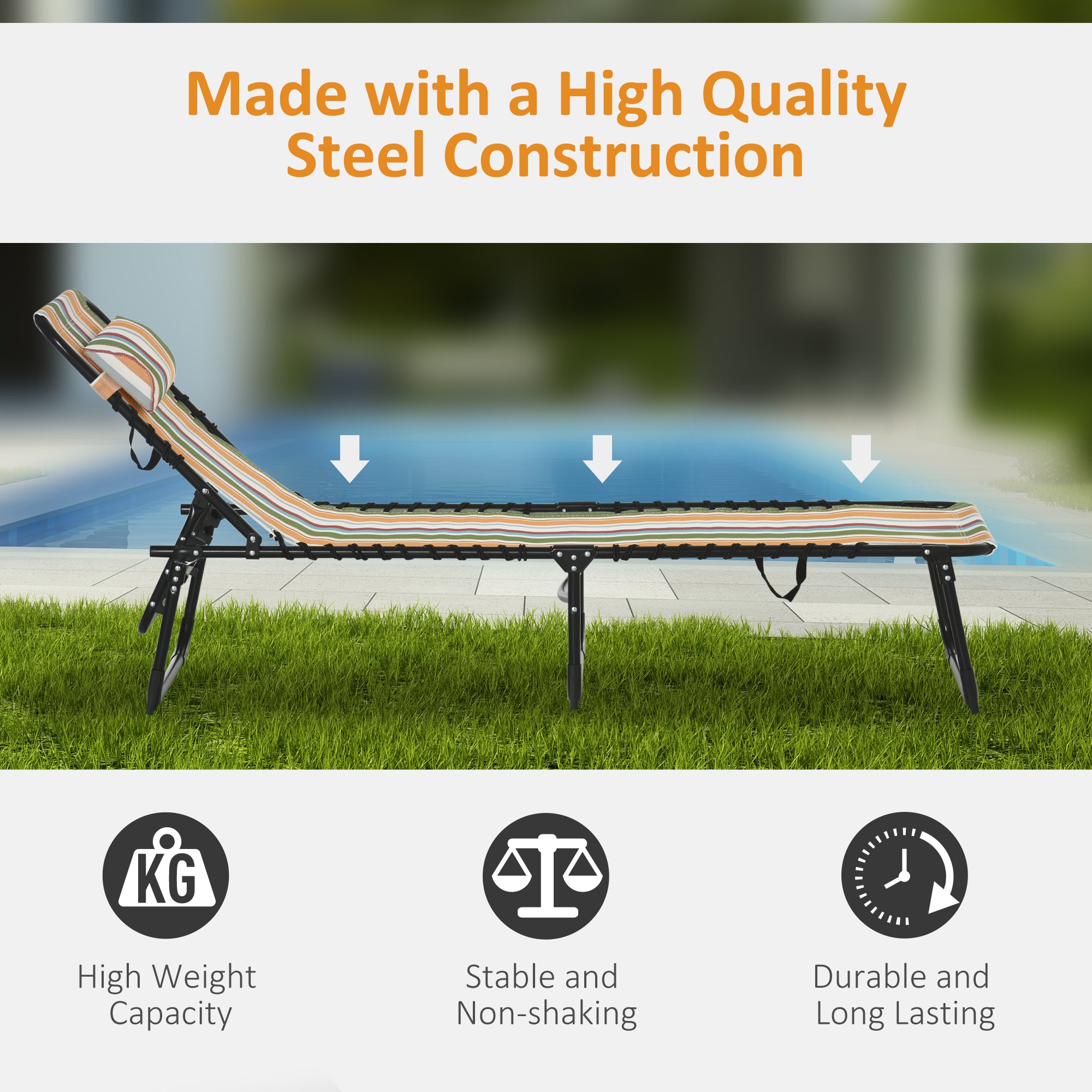 Outsunny Outdoor Folding Lounge Chair, 4-Level Adjustable Chaise Lounge with Headrest, Tanning Chair Beach Bed, Reclining Lounger Cot for Camping, Hiking, Backyard, Multicoloured