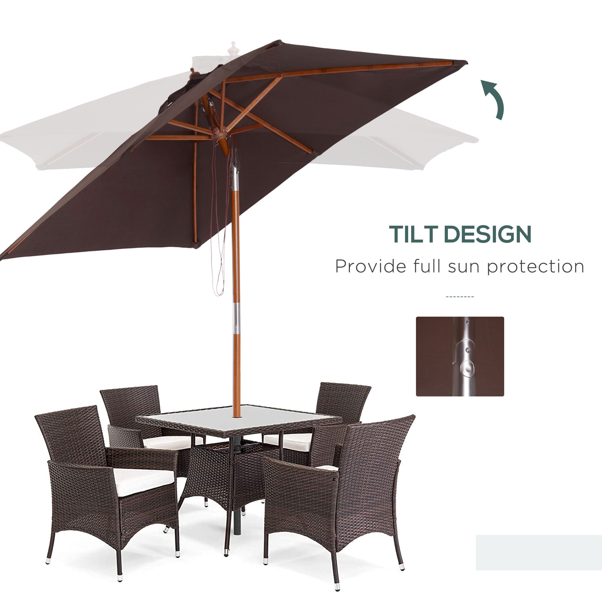 Outsunny 6.6 x 5ft Fir Wooden Patio Umbrella Market Parasol Tilt Mechanism 6 Ribs Garden Sunshade Coffee