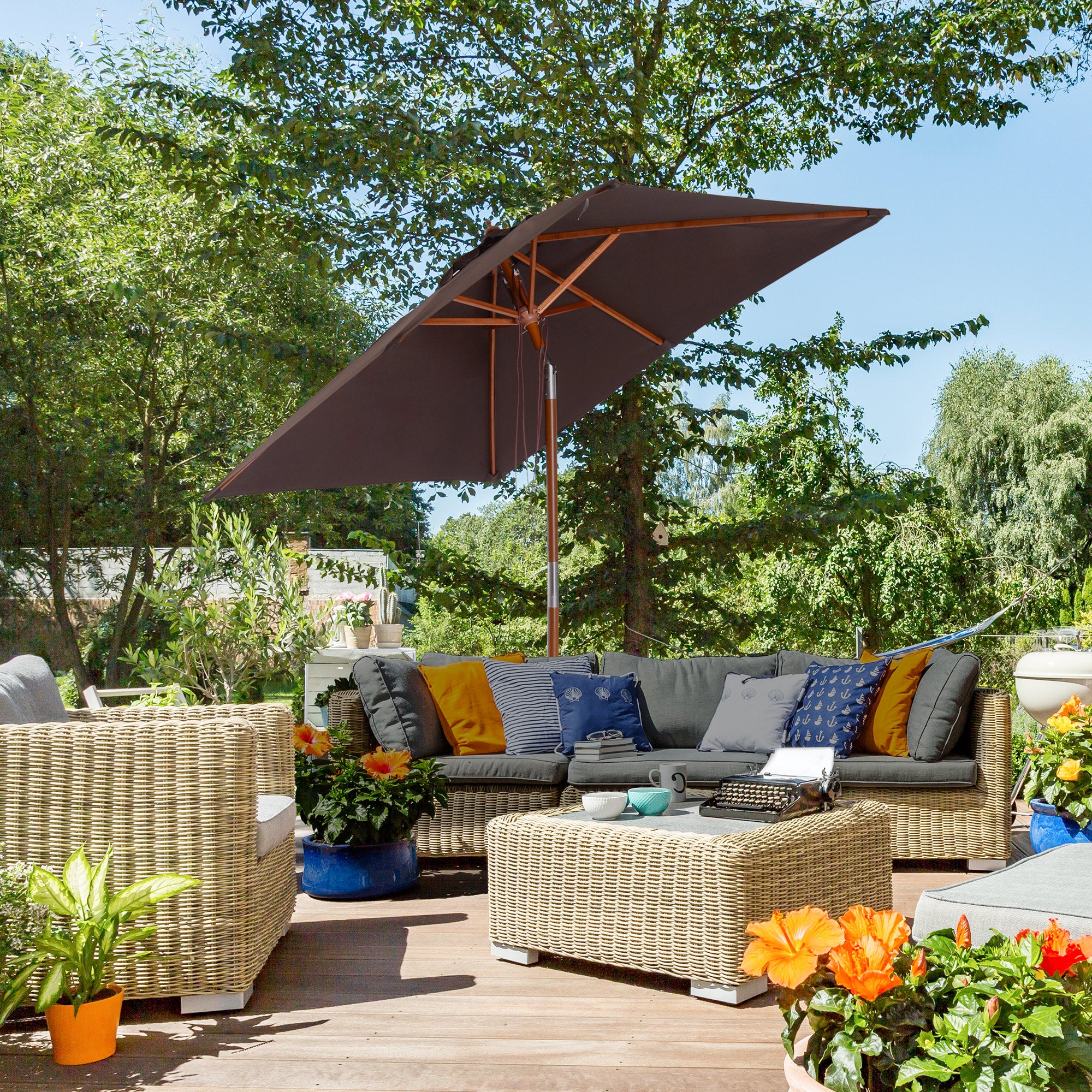 Outsunny 6.6 x 5ft Fir Wooden Patio Umbrella Market Parasol Tilt Mechanism 6 Ribs Garden Sunshade Coffee