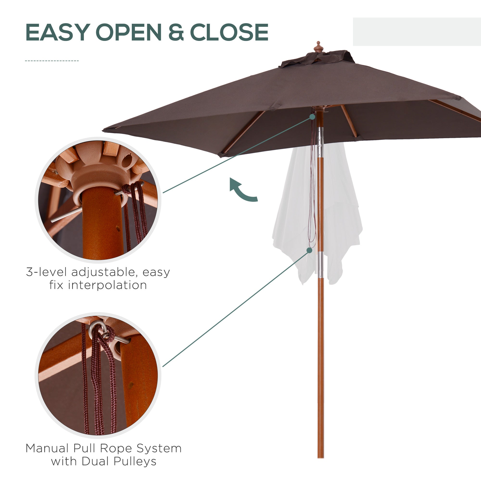 Outsunny 6.6 x 5ft Fir Wooden Patio Umbrella Market Parasol Tilt Mechanism 6 Ribs Garden Sunshade Coffee