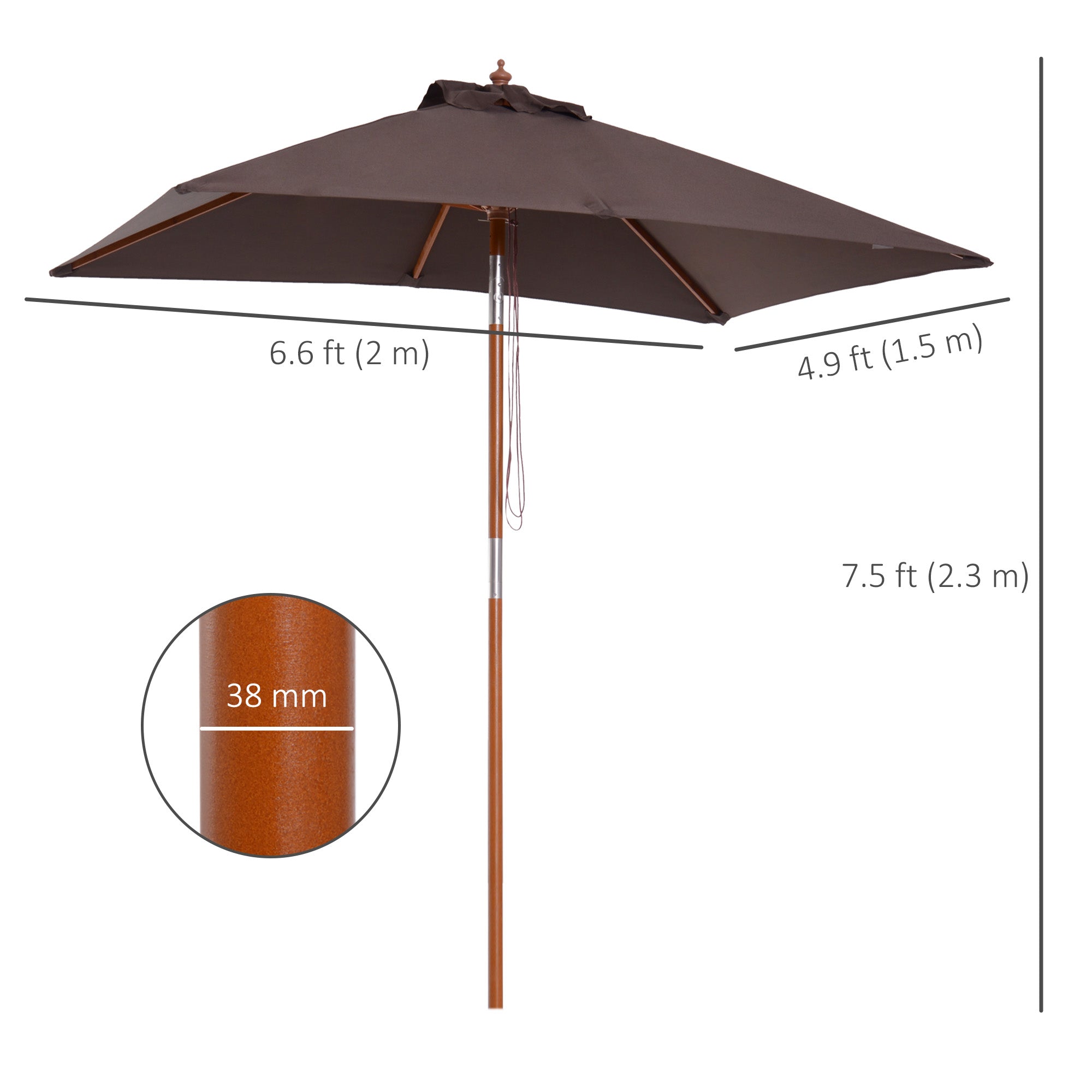Outsunny 6.6 x 5ft Fir Wooden Patio Umbrella Market Parasol Tilt Mechanism 6 Ribs Garden Sunshade Coffee