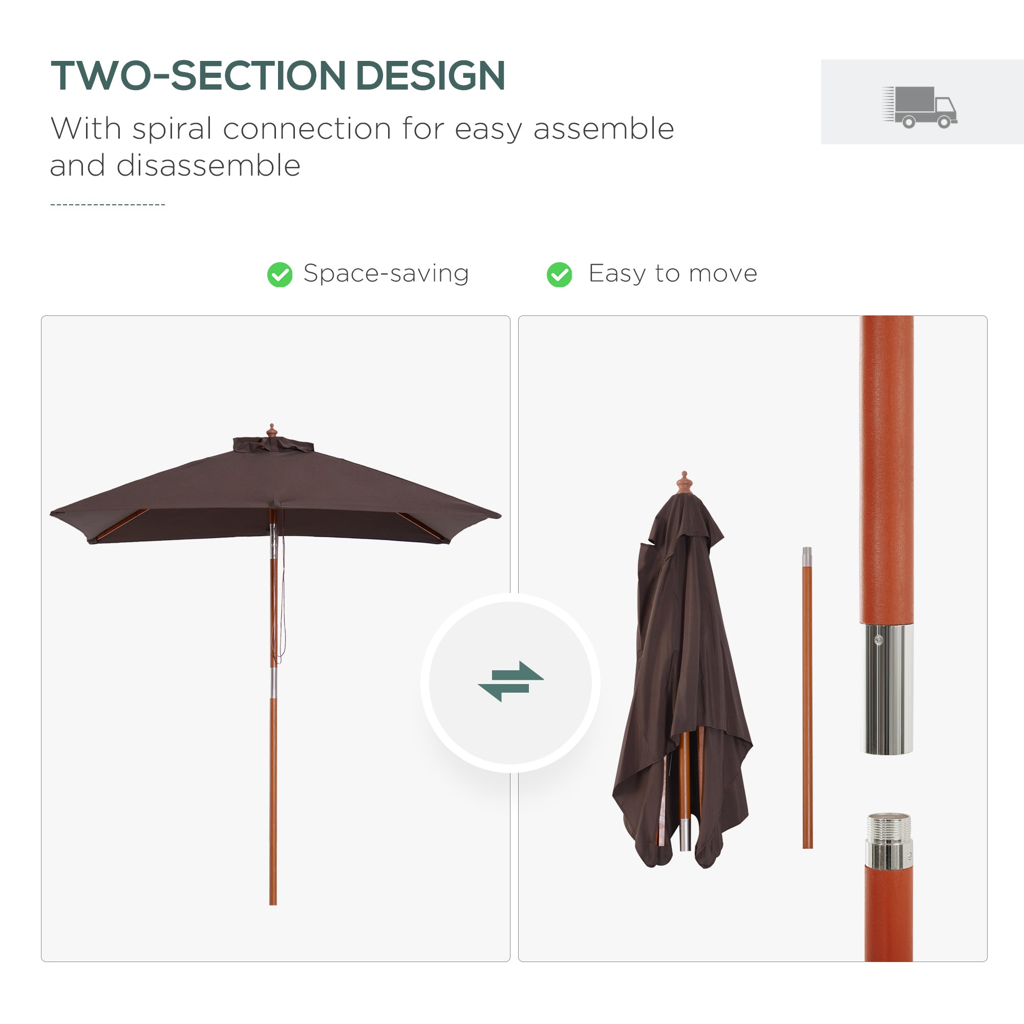 Outsunny 6.6 x 5ft Fir Wooden Patio Umbrella Market Parasol Tilt Mechanism 6 Ribs Garden Sunshade Coffee