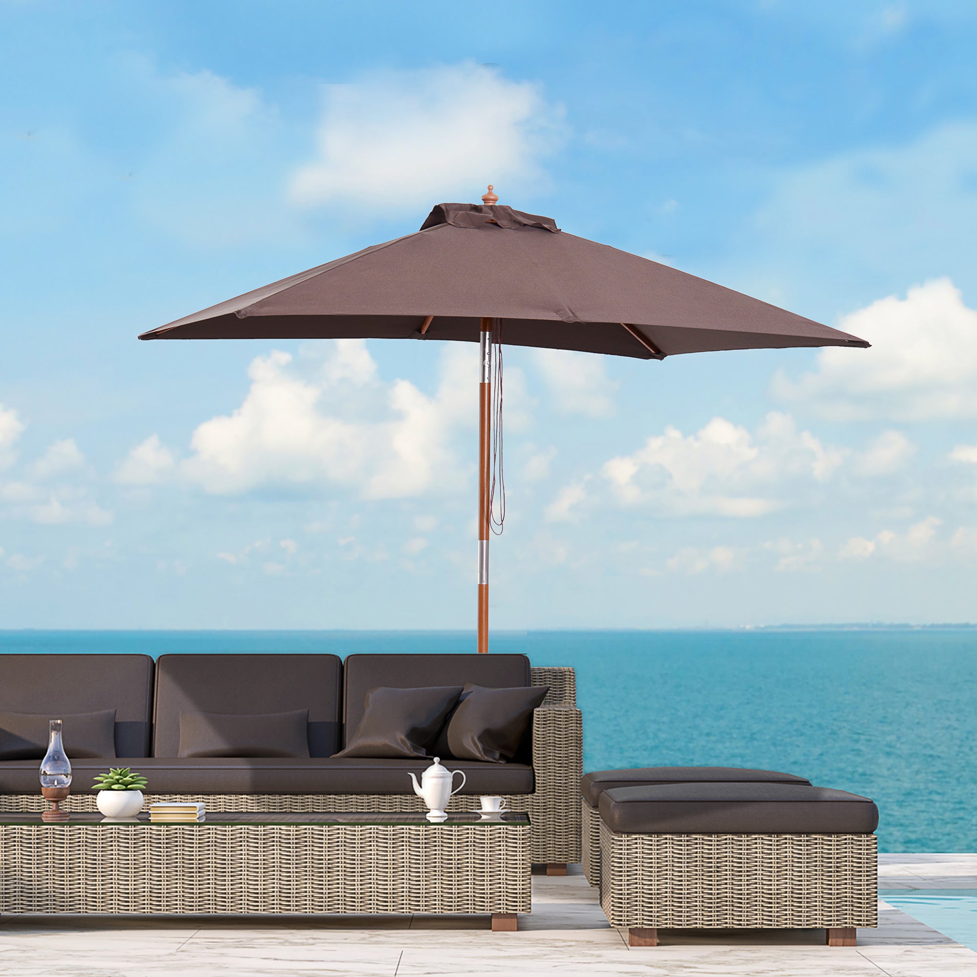 Outsunny 6.6 x 5ft Fir Wooden Patio Umbrella Market Parasol Tilt Mechanism 6 Ribs Garden Sunshade Coffee