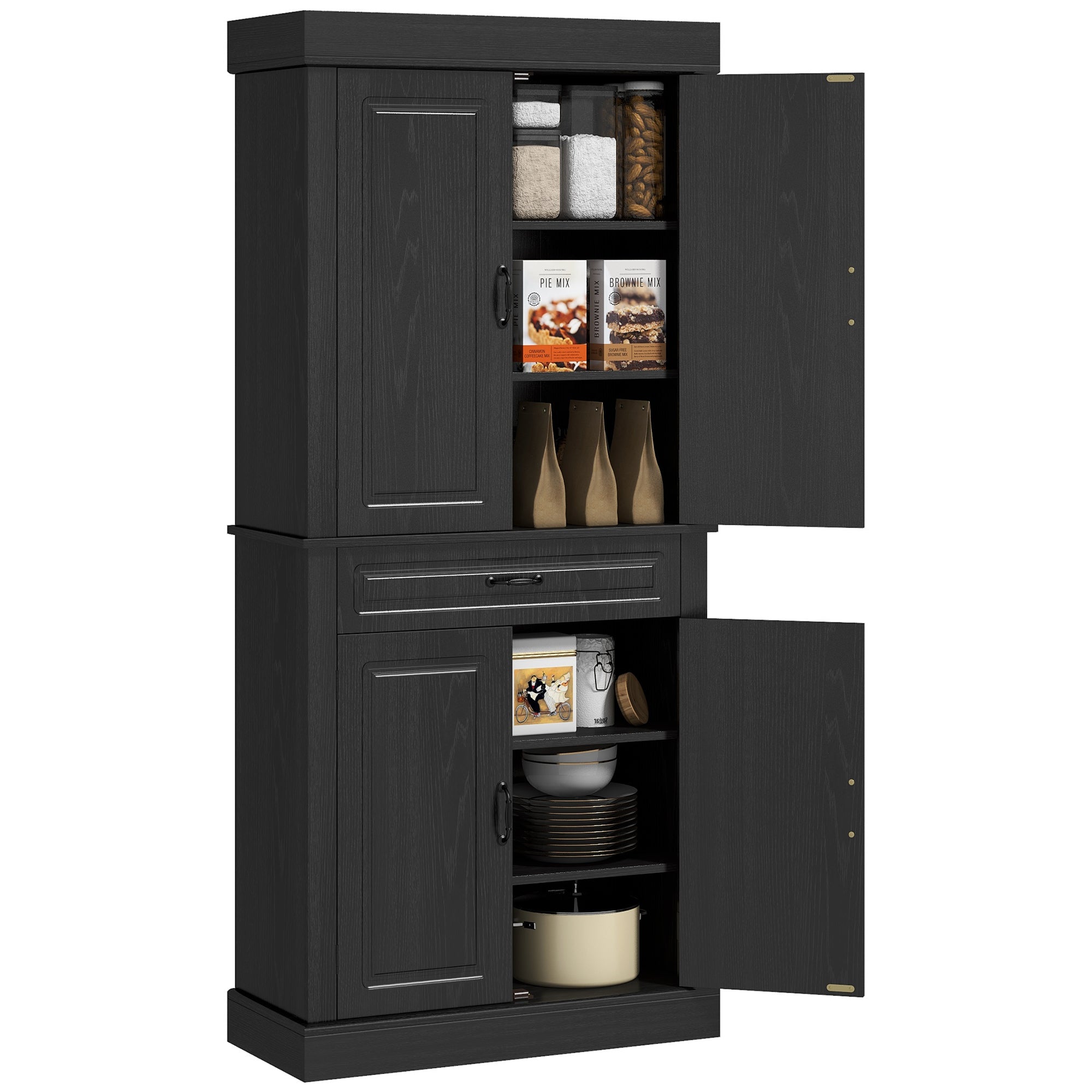 HOMCOM 71" Kitchen Pantry Cabinet, Freestanding Kitchen Pantry Storage Cabinet with Doors and Shelves, Distressed Black