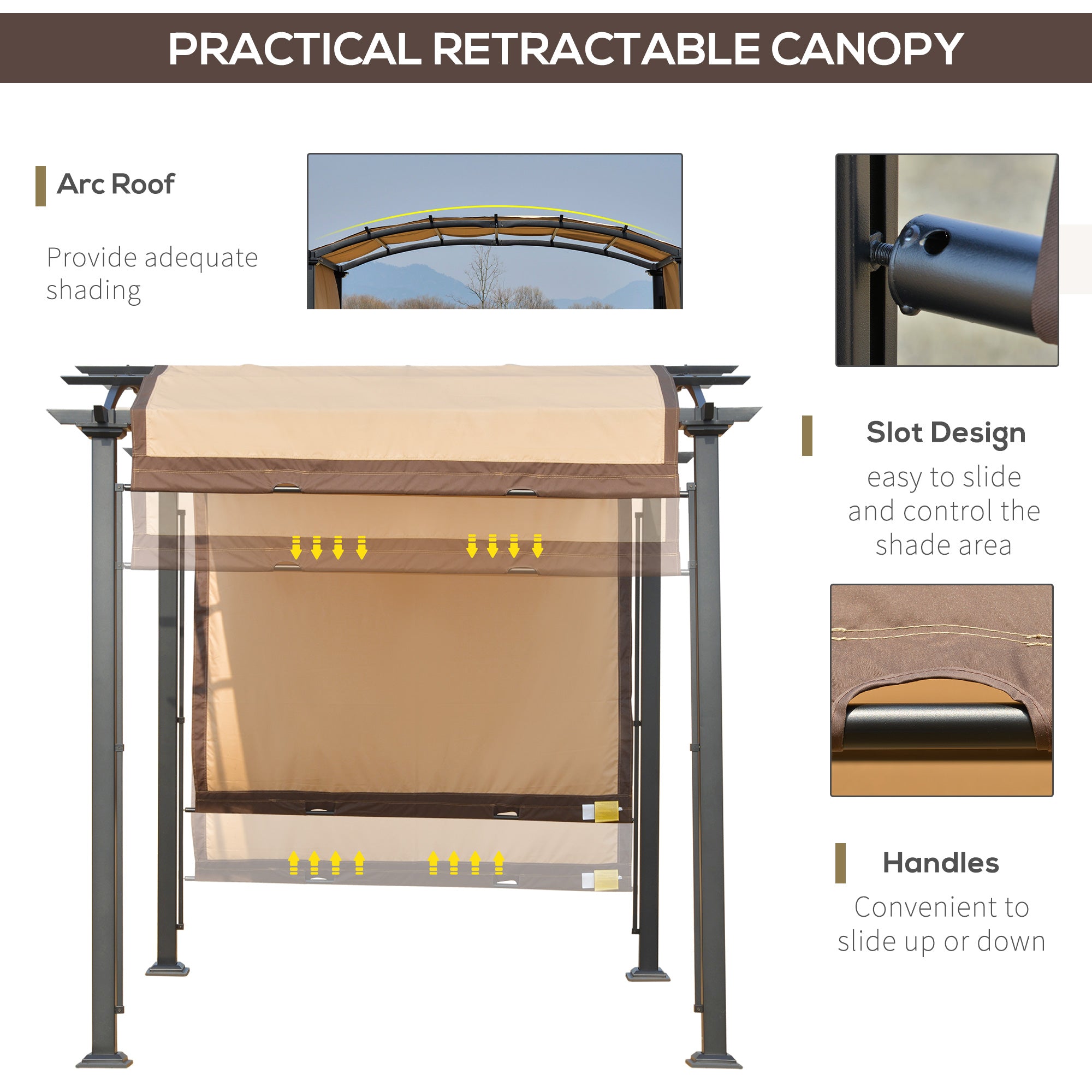 Outsunny 10' x 8' Outdoor Retractable Canopy Pergola Steel Frame Patio Pergola Shelter Sun Shade with Arc Roof, Beige