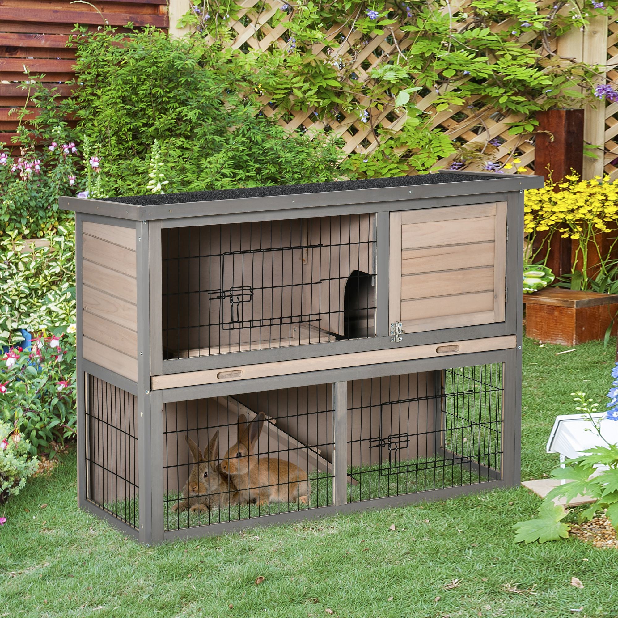PawHut 2-tier Wood Rabbit Hutch Backyard Bunny Cage Habitat Small Animal House w/ Ramp, Slide Out Tray and Outdoor Run, Light Grey