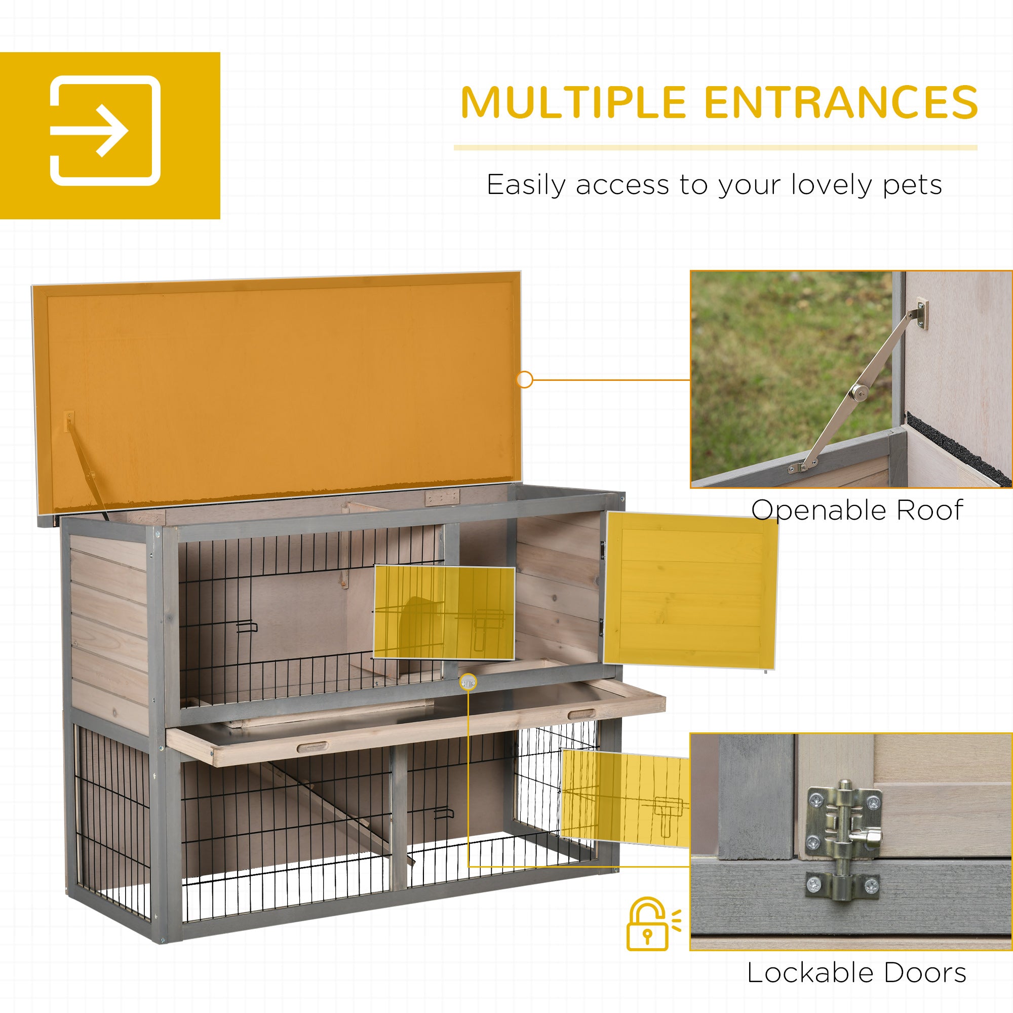 PawHut 2-tier Wood Rabbit Hutch Backyard Bunny Cage Habitat Small Animal House w/ Ramp, Slide Out Tray and Outdoor Run, Light Grey