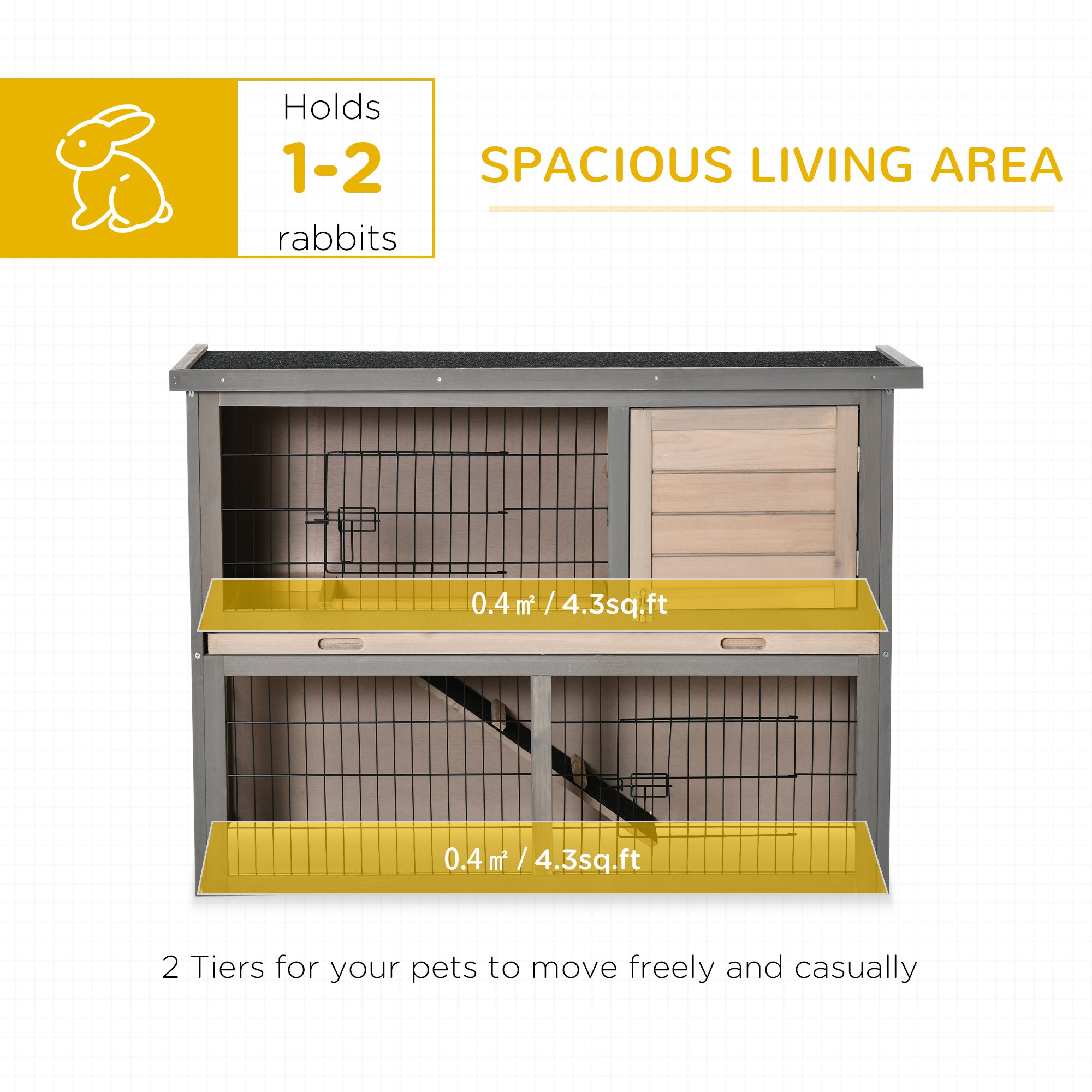 PawHut 2-tier Wood Rabbit Hutch Backyard Bunny Cage Habitat Small Animal House w/ Ramp, Slide Out Tray and Outdoor Run, Light Grey